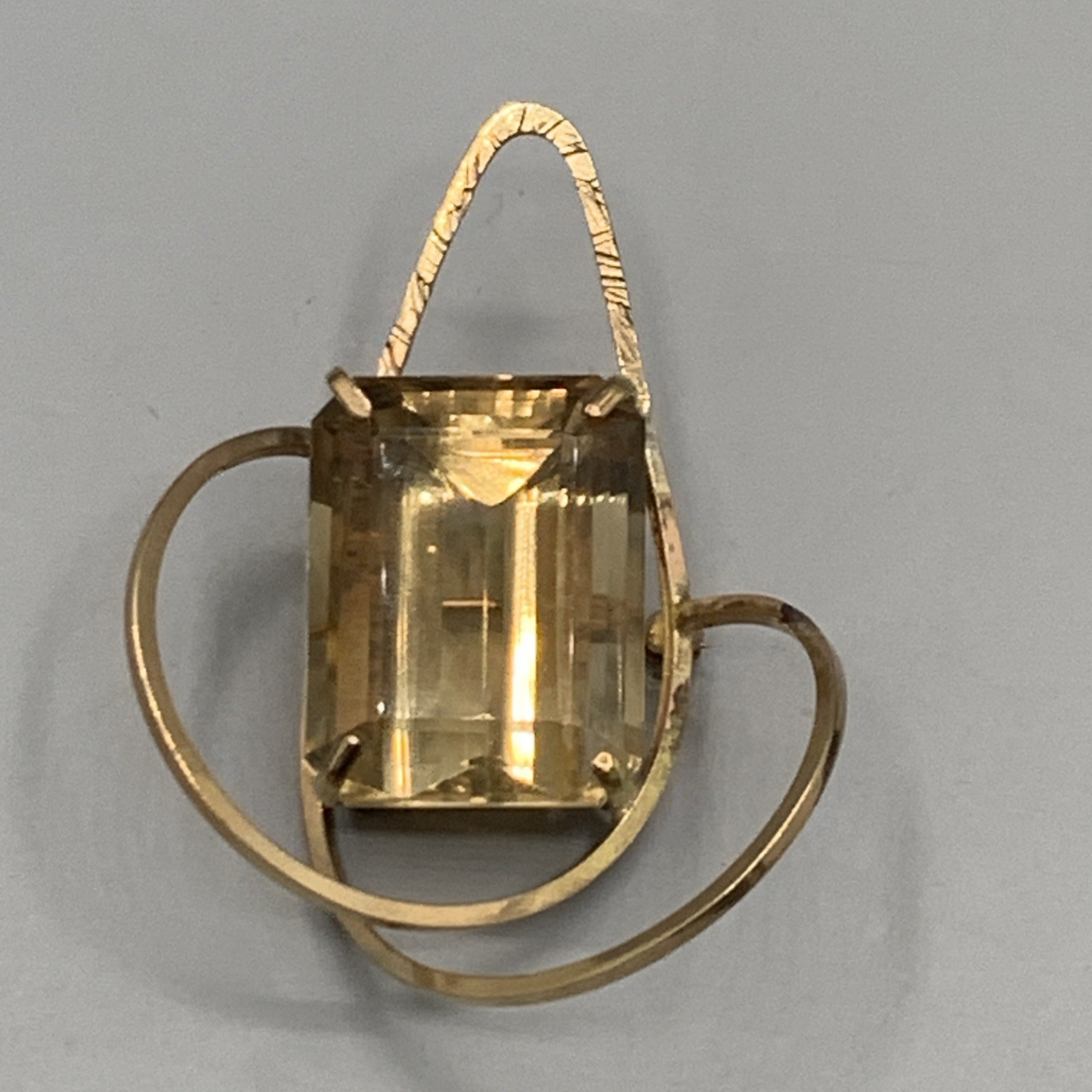 Vtg Handcrafted JM 14k And Emerald Cut Citrine Pendant/Pin. 2”H, 1.5”W, 15g