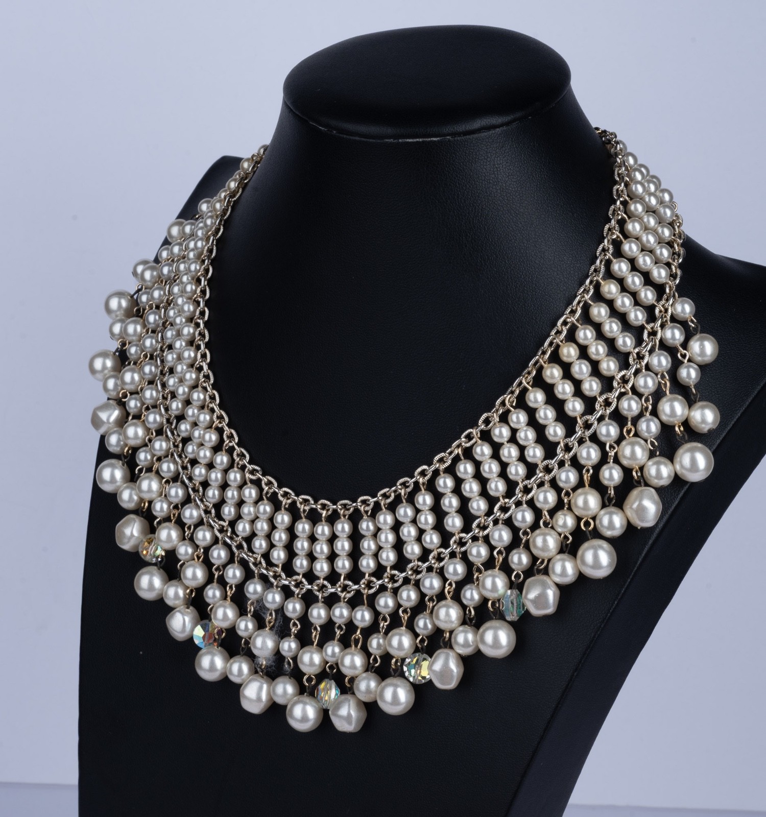 Vintage Faux Pearl Bib Collar Necklace Beaded Fringe Crystal Accents 17″