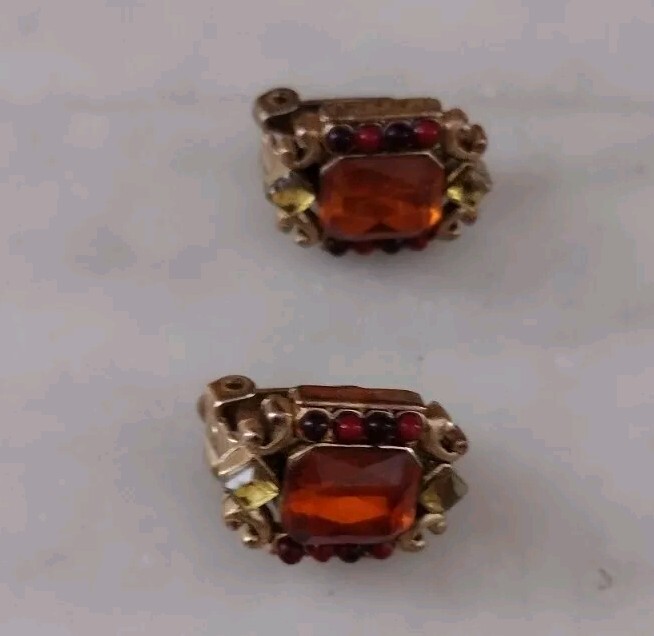 Vintage Necklace And Clip Earrings Set Honey Amber Colored Stones Rhinestones