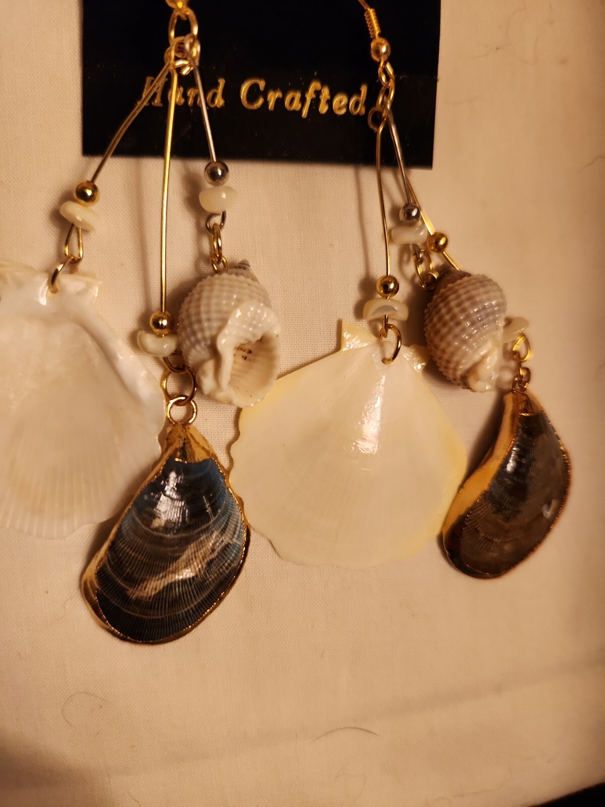 Vtg Sea shell gold trim foil natural estate Dangle Earrings 4″ Jewelry Lot of 2