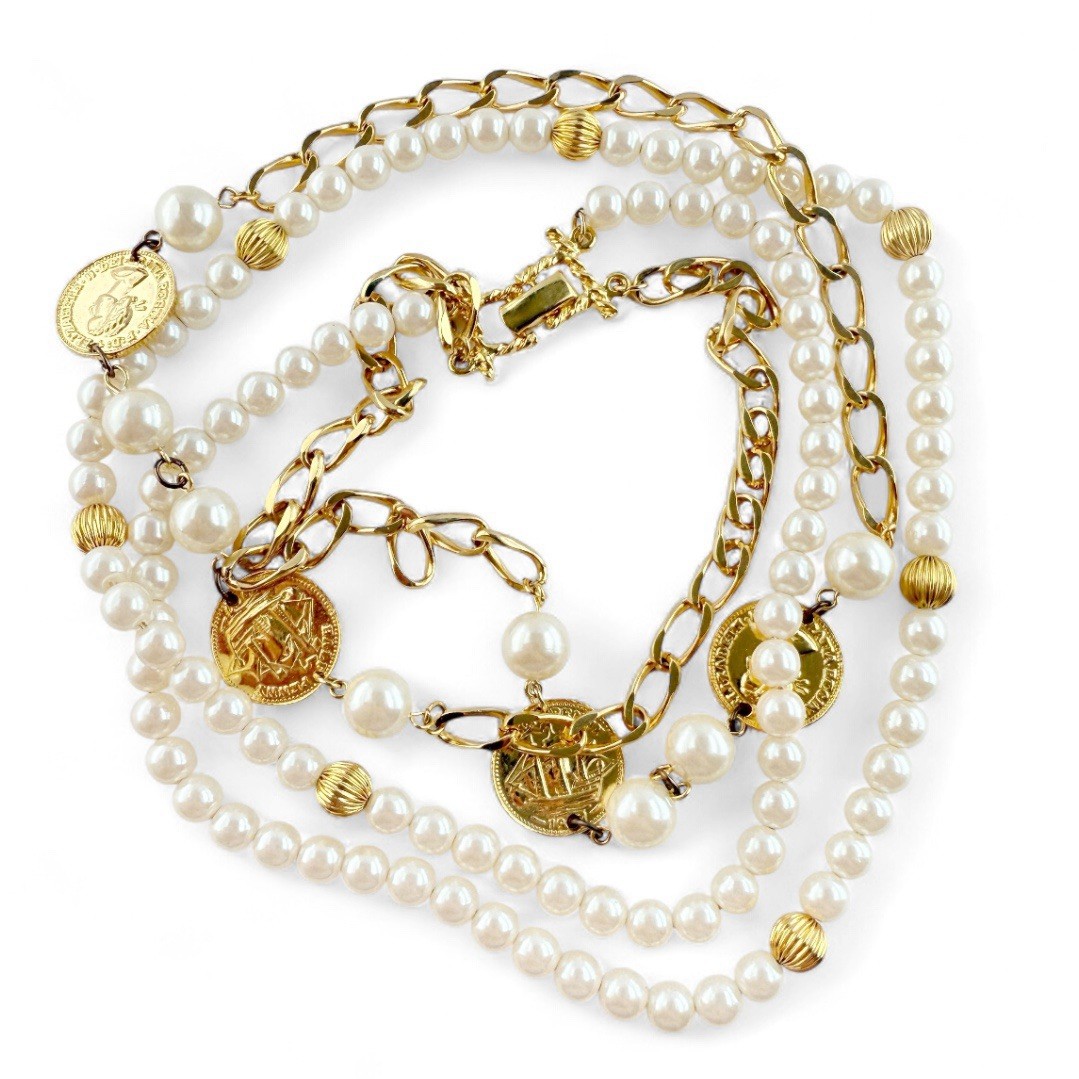 Vintage Marvella Double Strand Faux Pearl Coin Chain Link Goldtone Necklace 30”