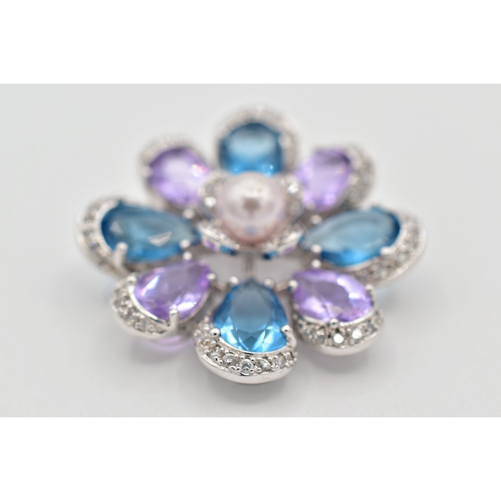925 Sterling Silver Crystal Flower Pendant Pin Brooch Purple Blue Signed BinBI