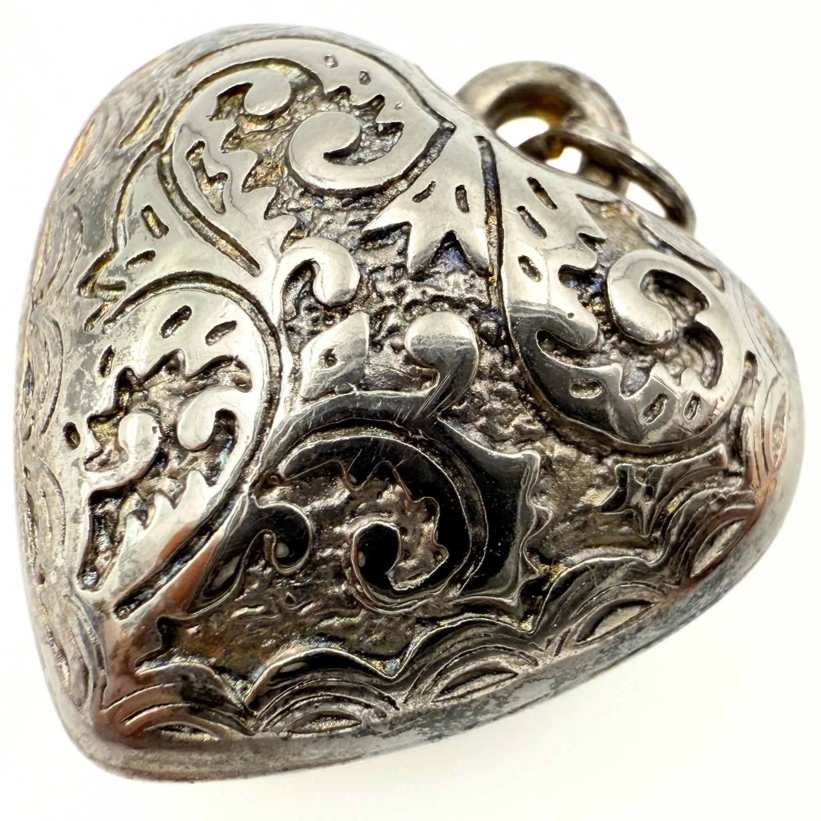 Vintage Sterling Silver Repousse Scrollwork Floral Puff Heart Pendant