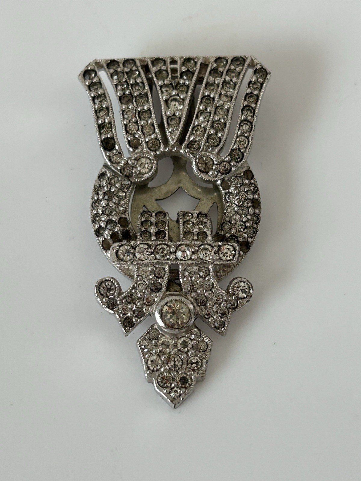 Vintage Art Deco Rhinestone Dress Clip Fur Clip Brooch Silver Tone 2”