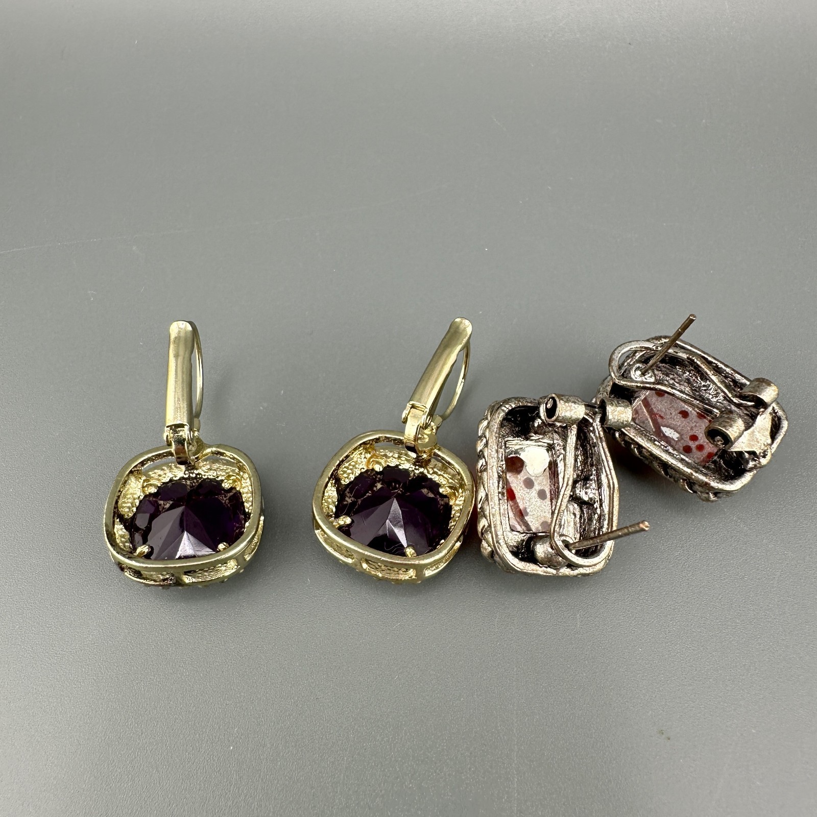 Vintage Rhinestone Earrings Lot Leverback Wingback Purple Red Silver Gold Tone