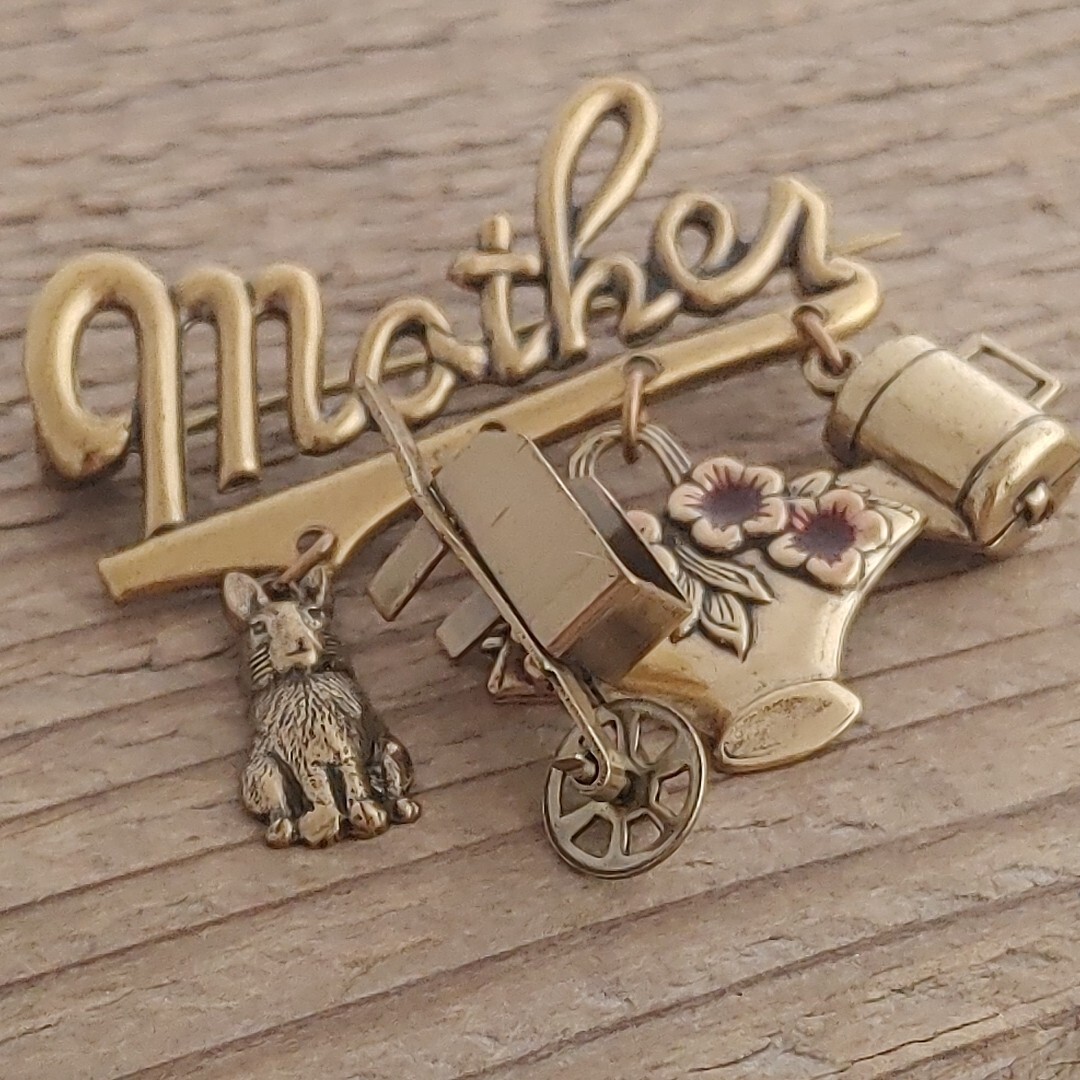 Vintage Brass Charm MOTHER Brooch Pin Gardening Bunny Wheelbarrow Flowers 1.75”