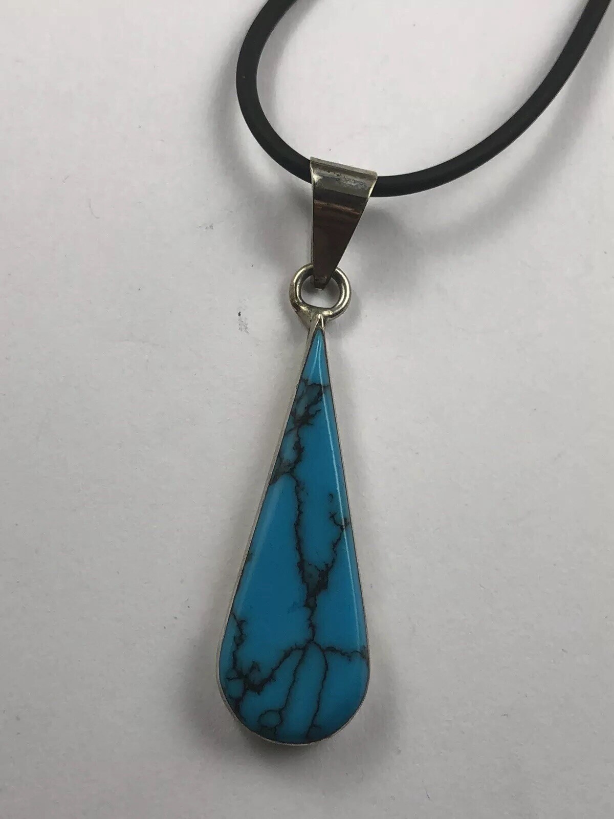 Vintage Sterling Silvet Turqouse Drop Necklace Rubber Choker