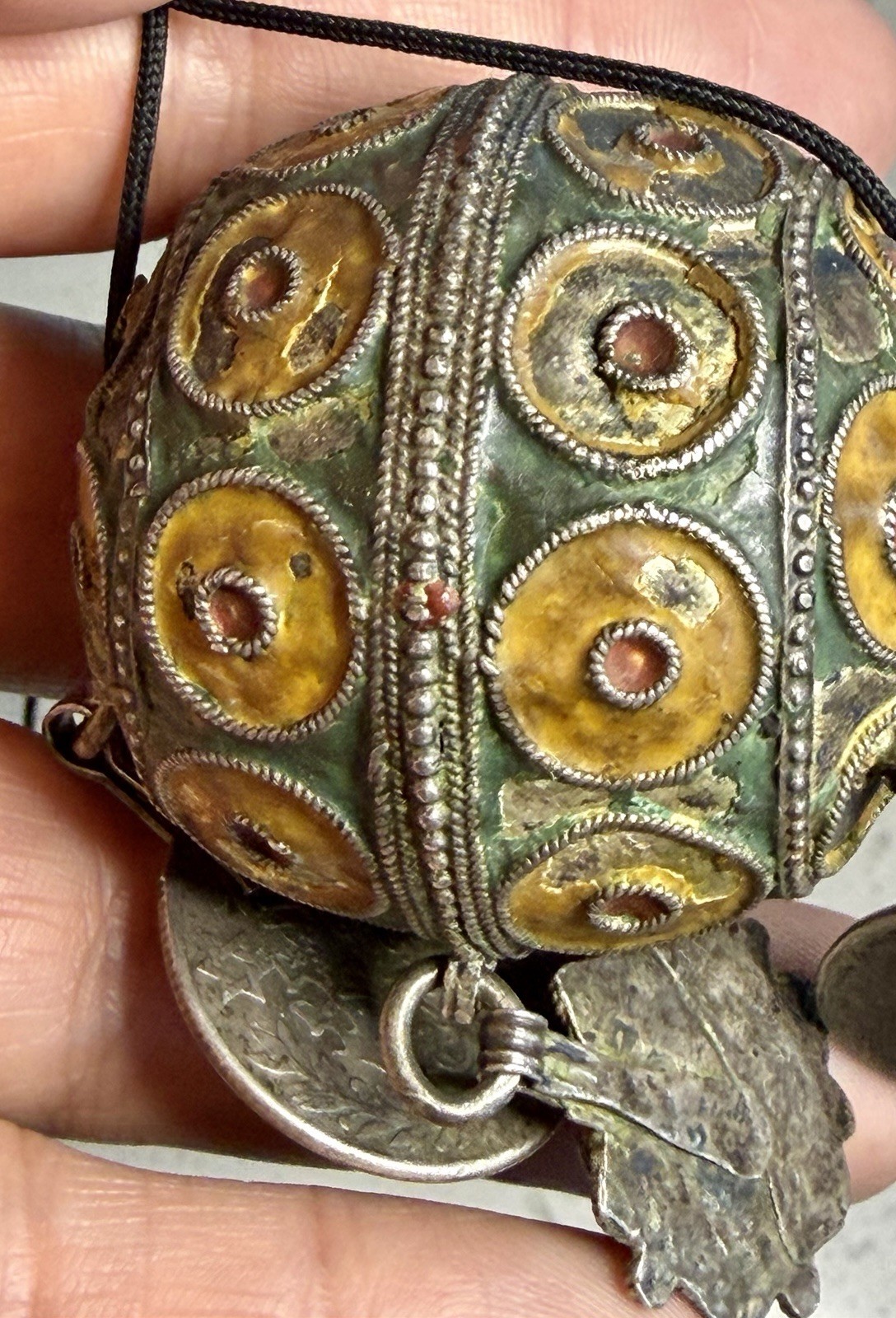 Antique Moroccan Enamel Silver Ball Pendent Necklace Coin Pendants Hand Crafted