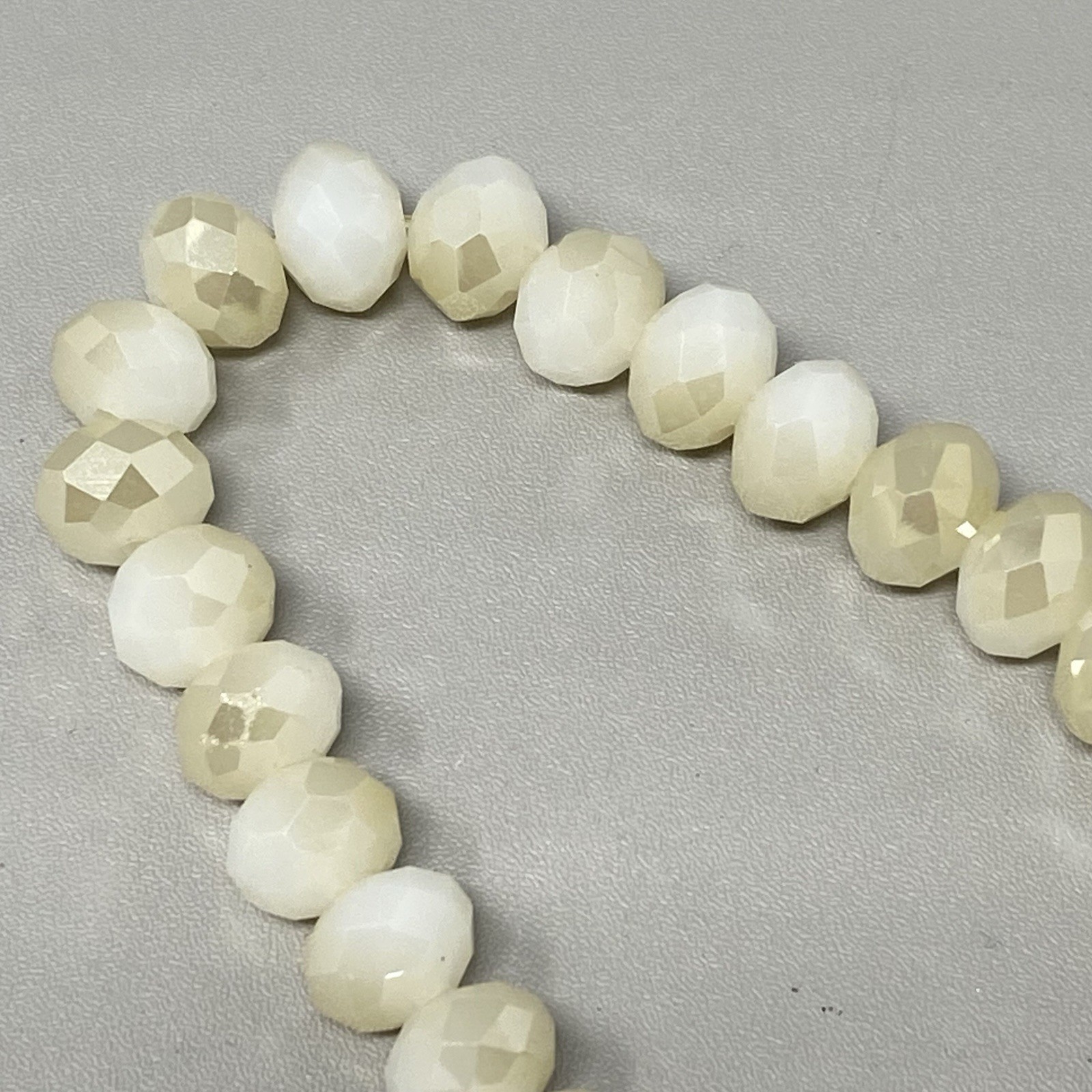 White Glass Beaded Bracelet Fire Polished Iridescent Faceted Stretch Elastic 7″