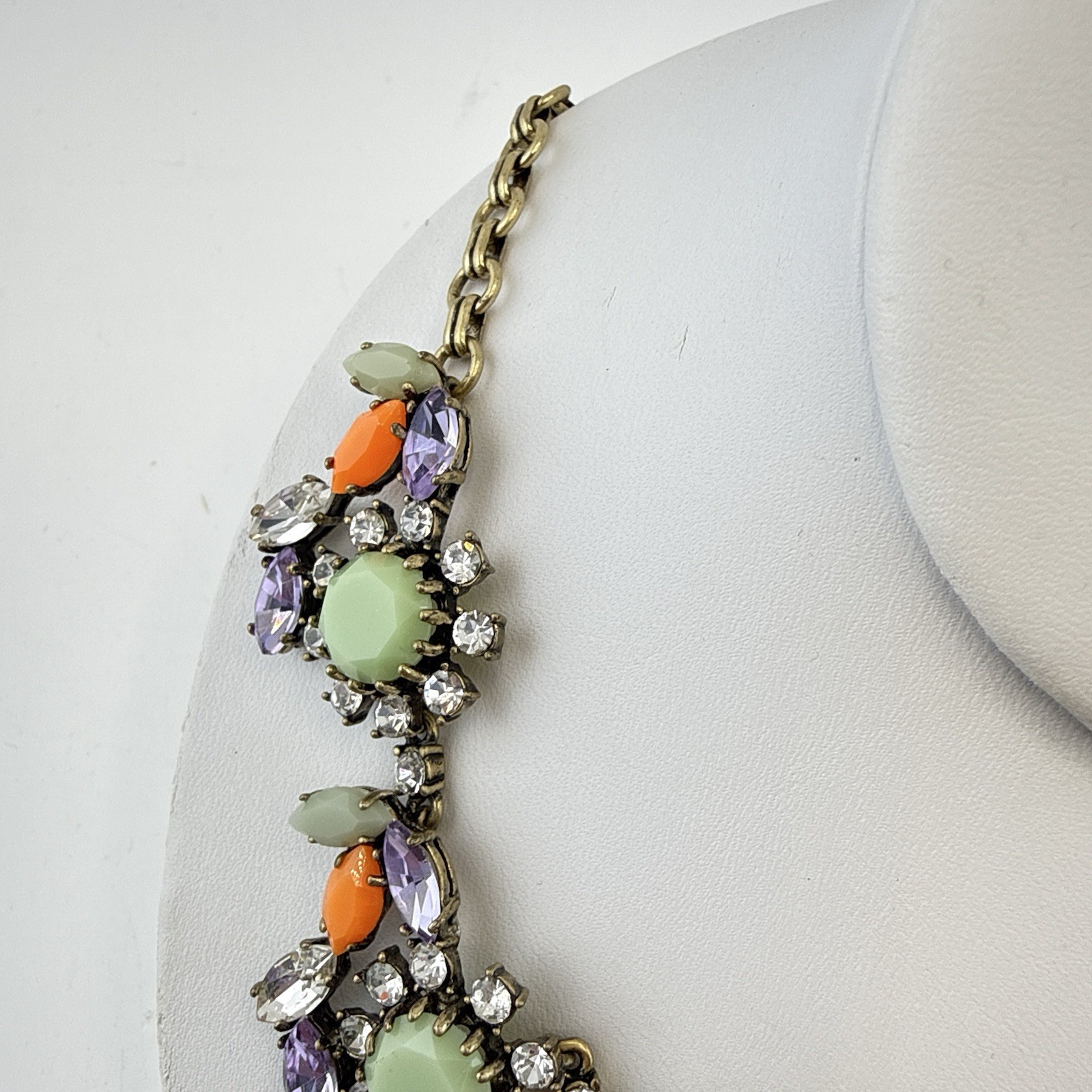 J Crew Necklace Bib Chunky Green Orange Bold Festoon Floral Rhinestone Statement