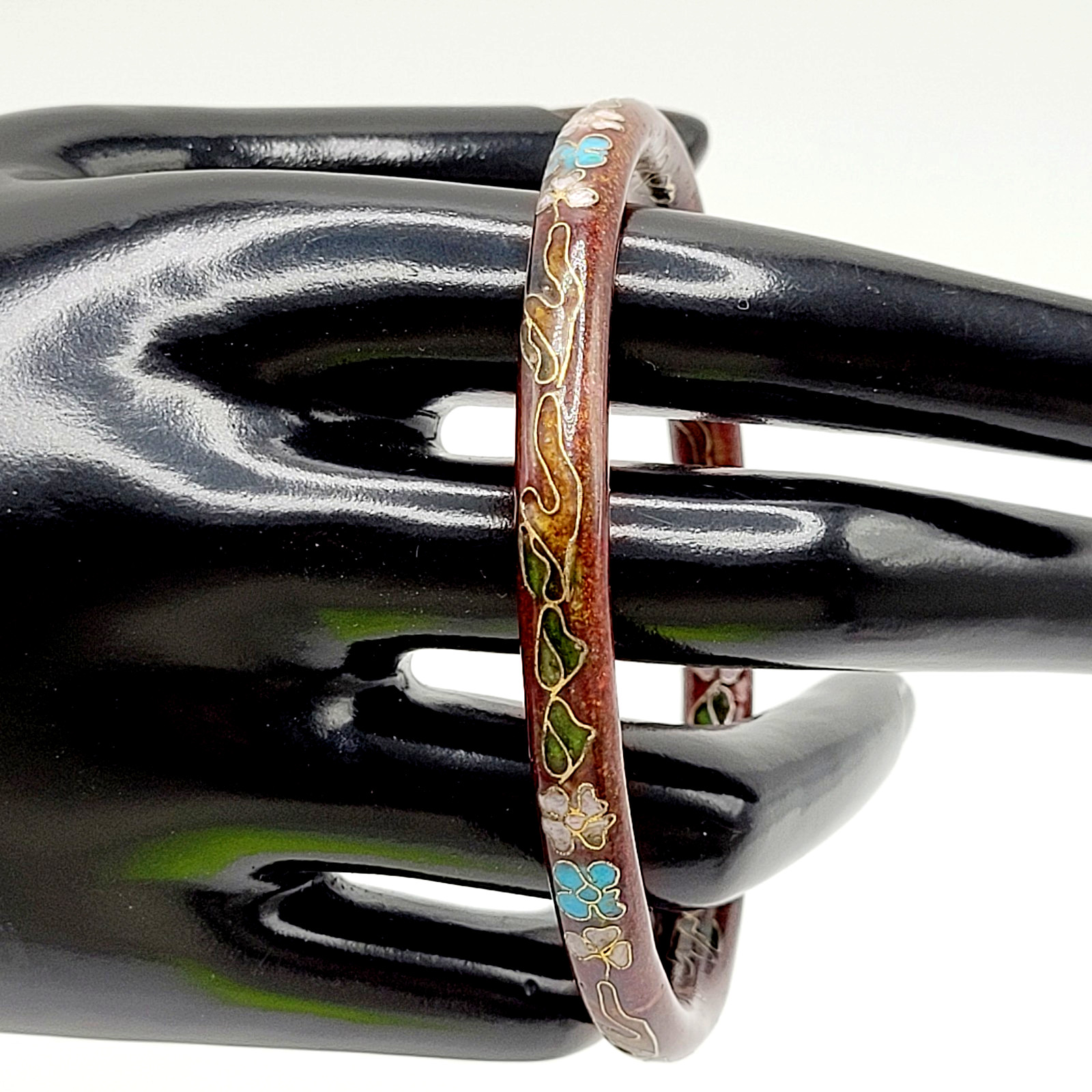 Cloisonné Deep Red Enamel Floral Hand Painted Asian Inspired Bangle Bracelet