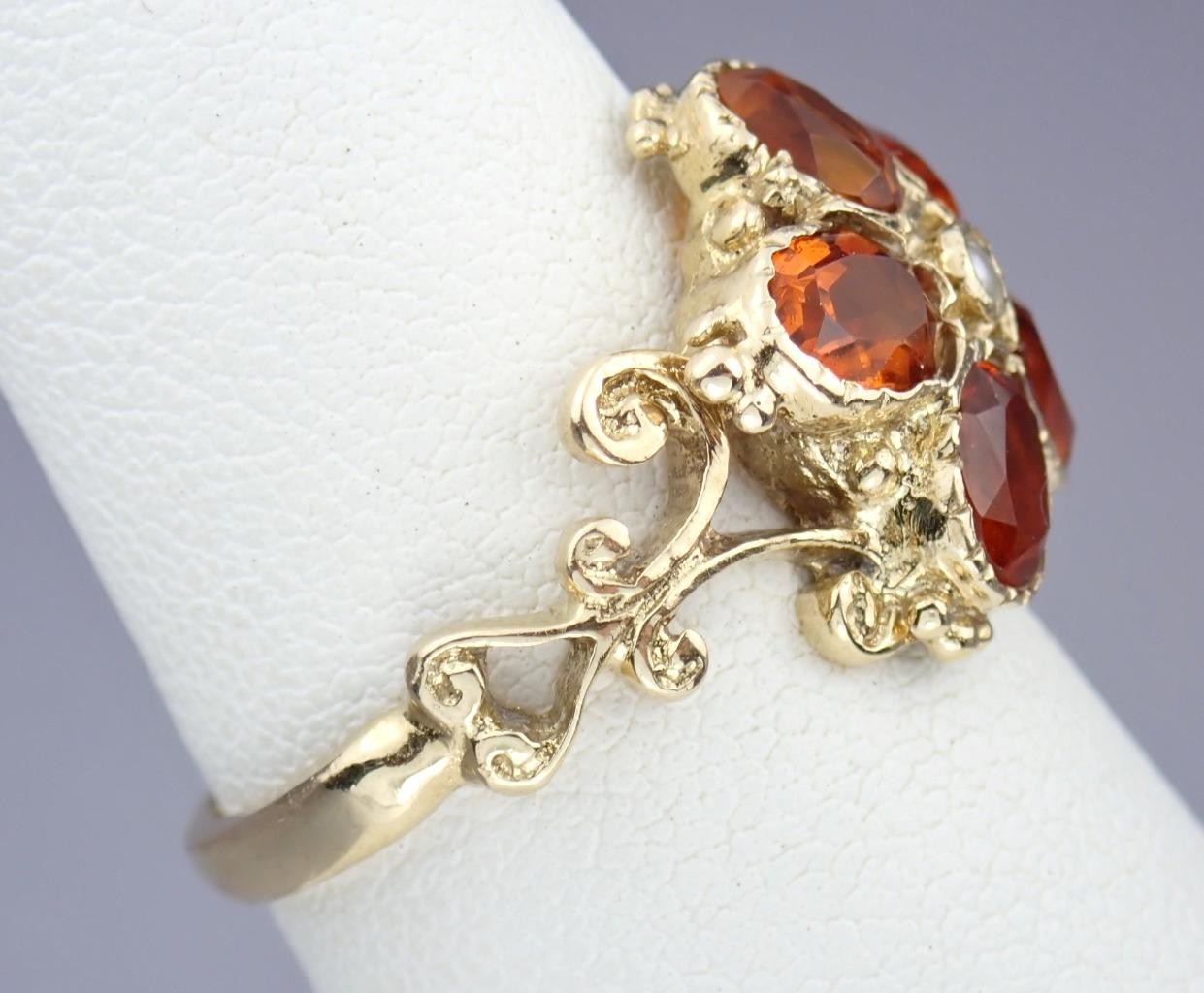 Pretty Vintage Solid 9K Gold Madeira Citrine Pearl Floral Scroll Ring 1971 7.25