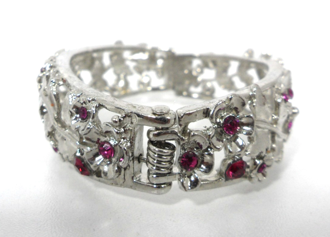 Hinged Bangle Bracelet Rhinestone Vining Flower Stems Open Work Cottage Core Vtg