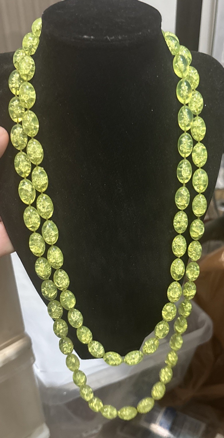 Vintage Lime Green Lucite Bead Long Necklace Single Strand 53”