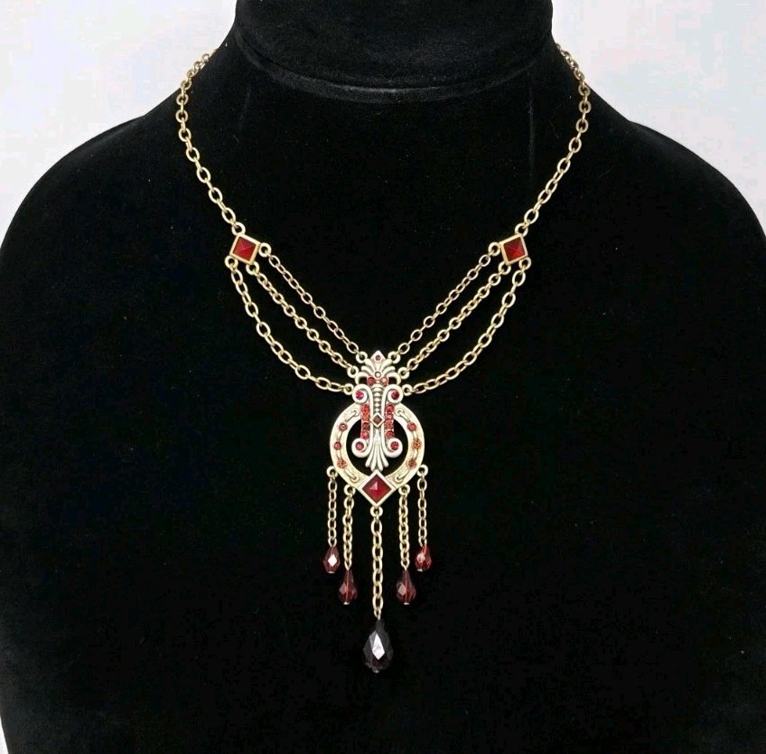 Villager by Liz Claiborne Red & Gold Festoon Swag Necklace Art Deco Style Dangle