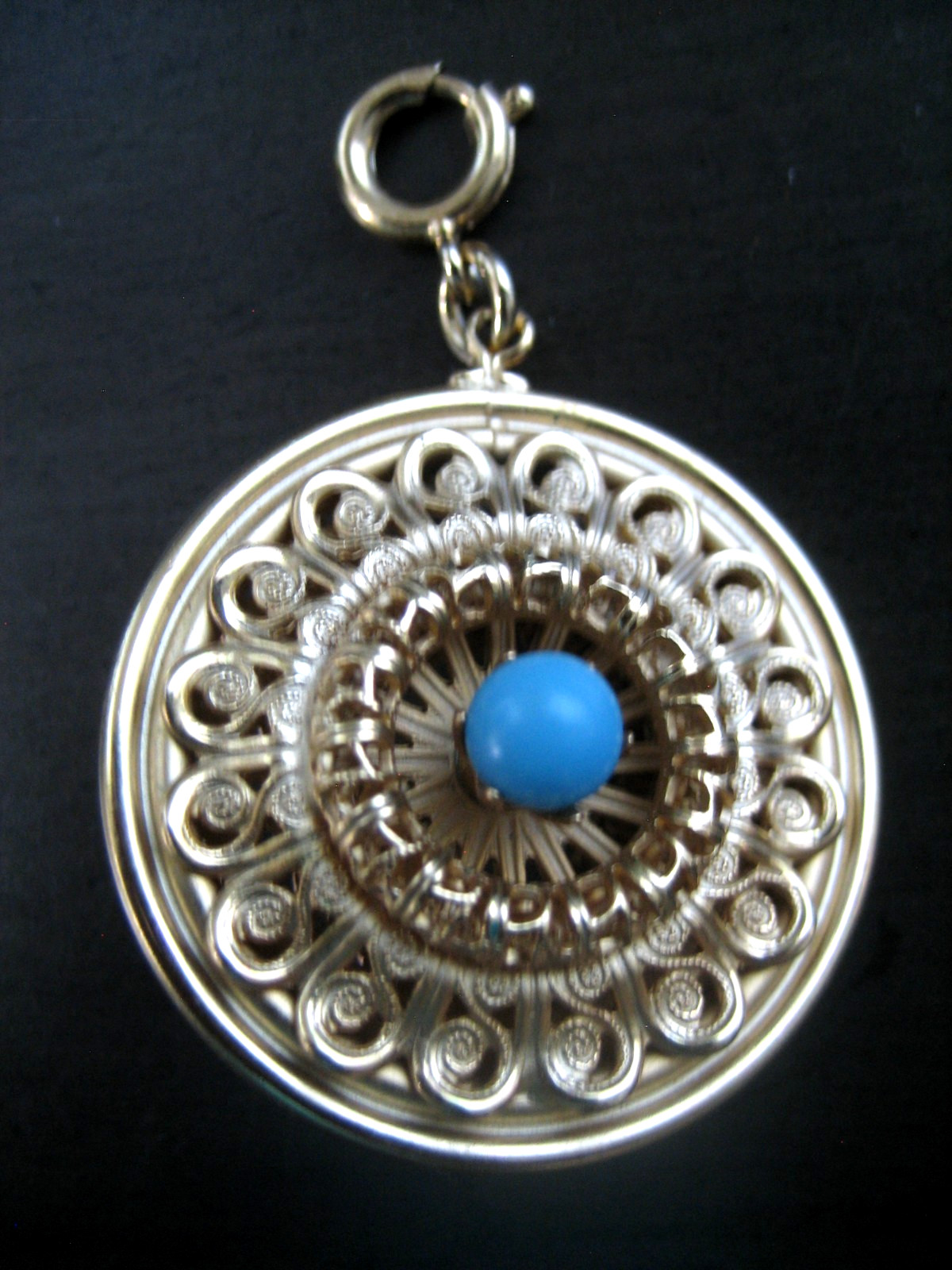 VINTAGE GOLD TONE FILIGREE FAUX PEARL TURQUOISE CHARM