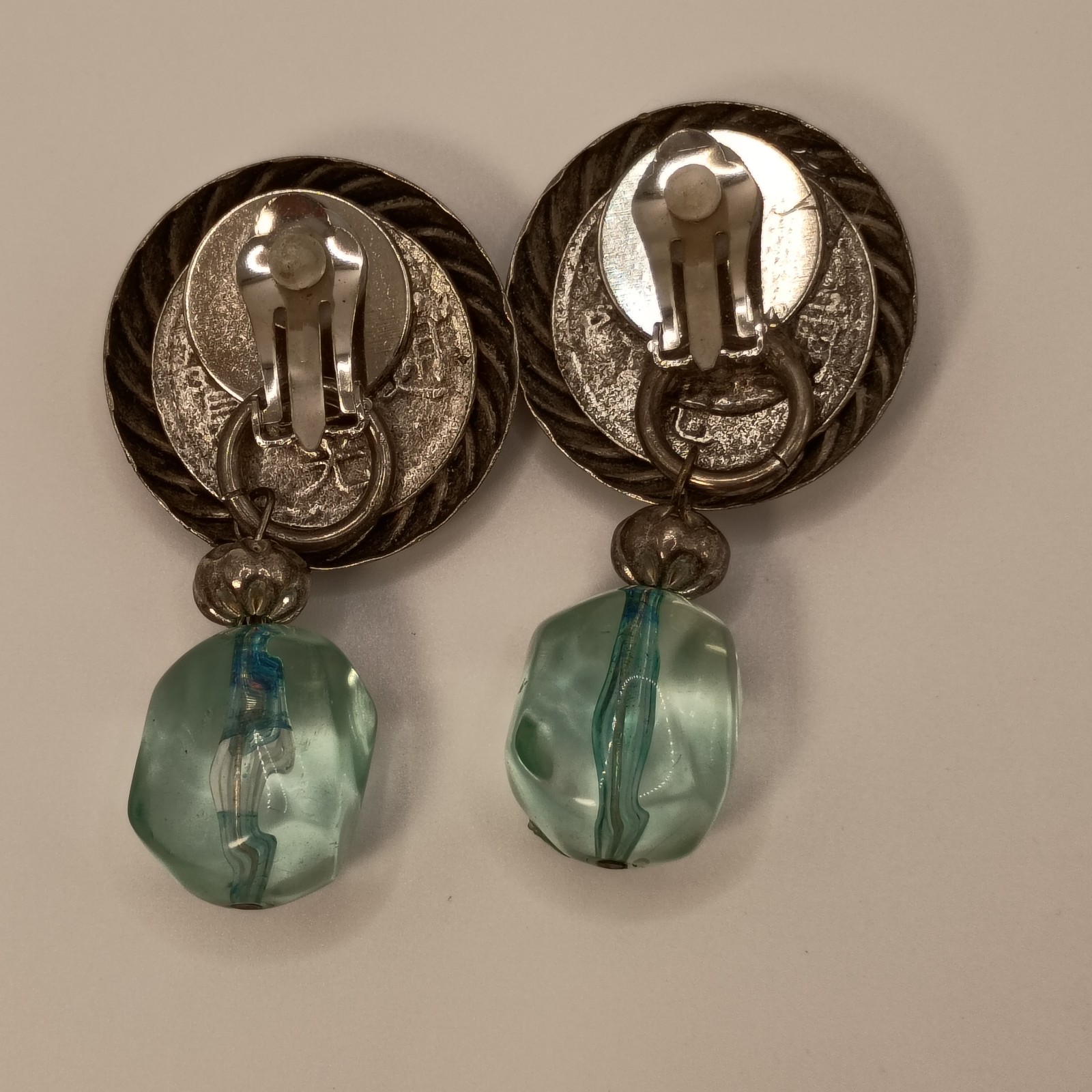 Vintage Clip On Dangle Earrings Silver Tone Aqua Lucite Jelly Light Teal Blue