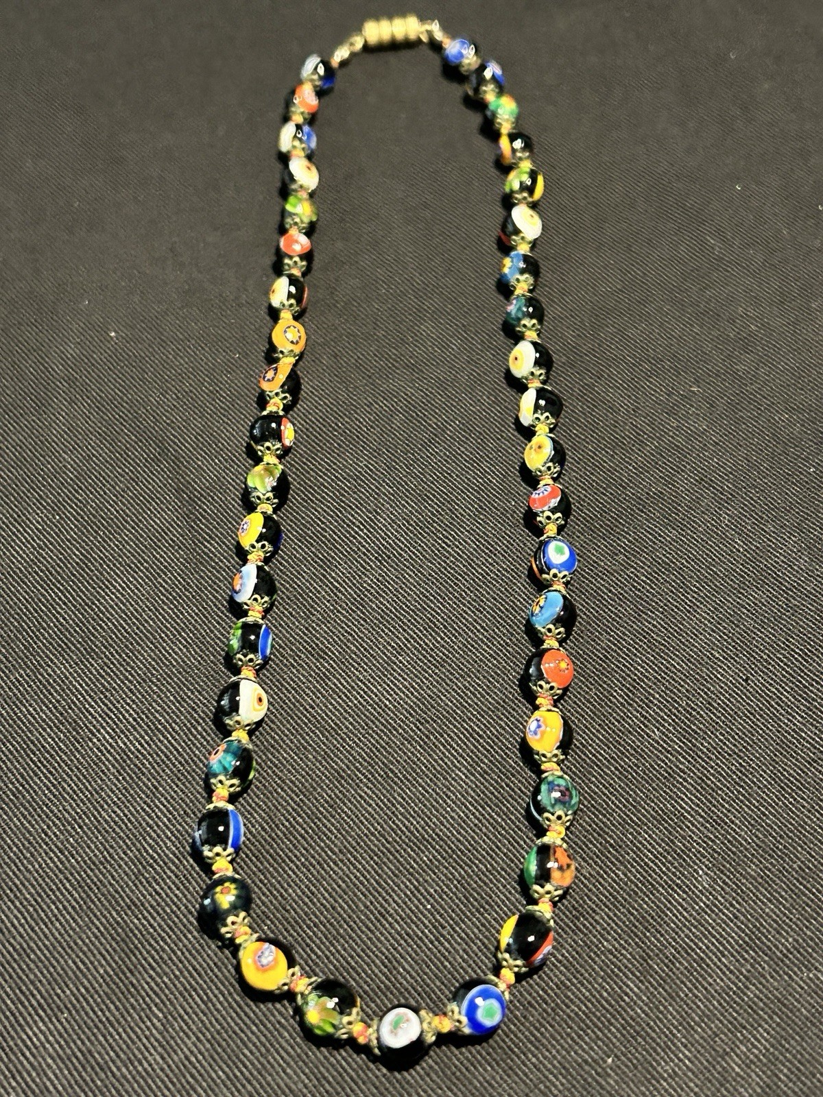 VTG Venetian Colorful Millefiori Glass Beads Knotted Choker Necklace 5mm x 17.5″