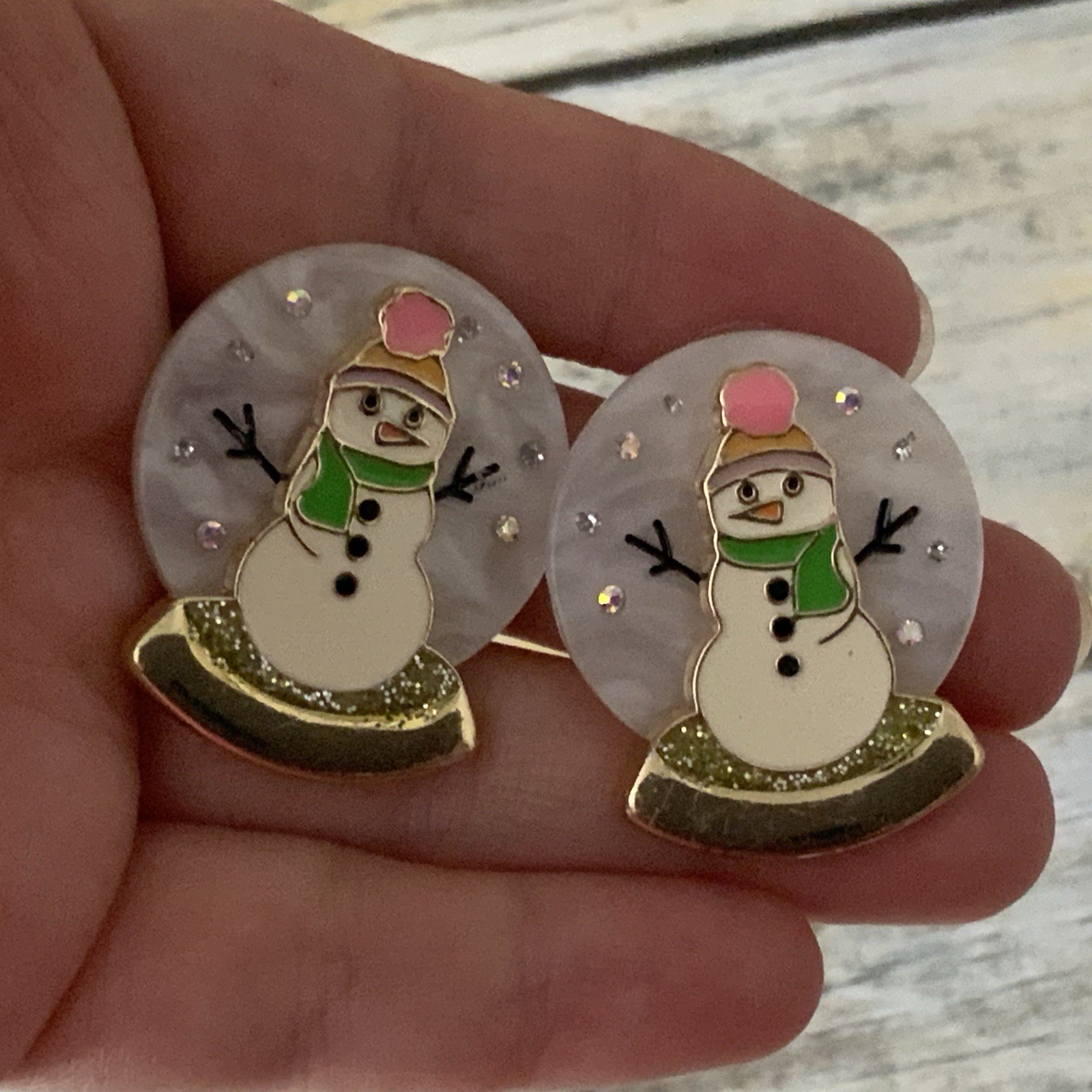 Pierced Sugarfix Gold Tone Plastic And Enamel Snow Man Snow Globe Earrings