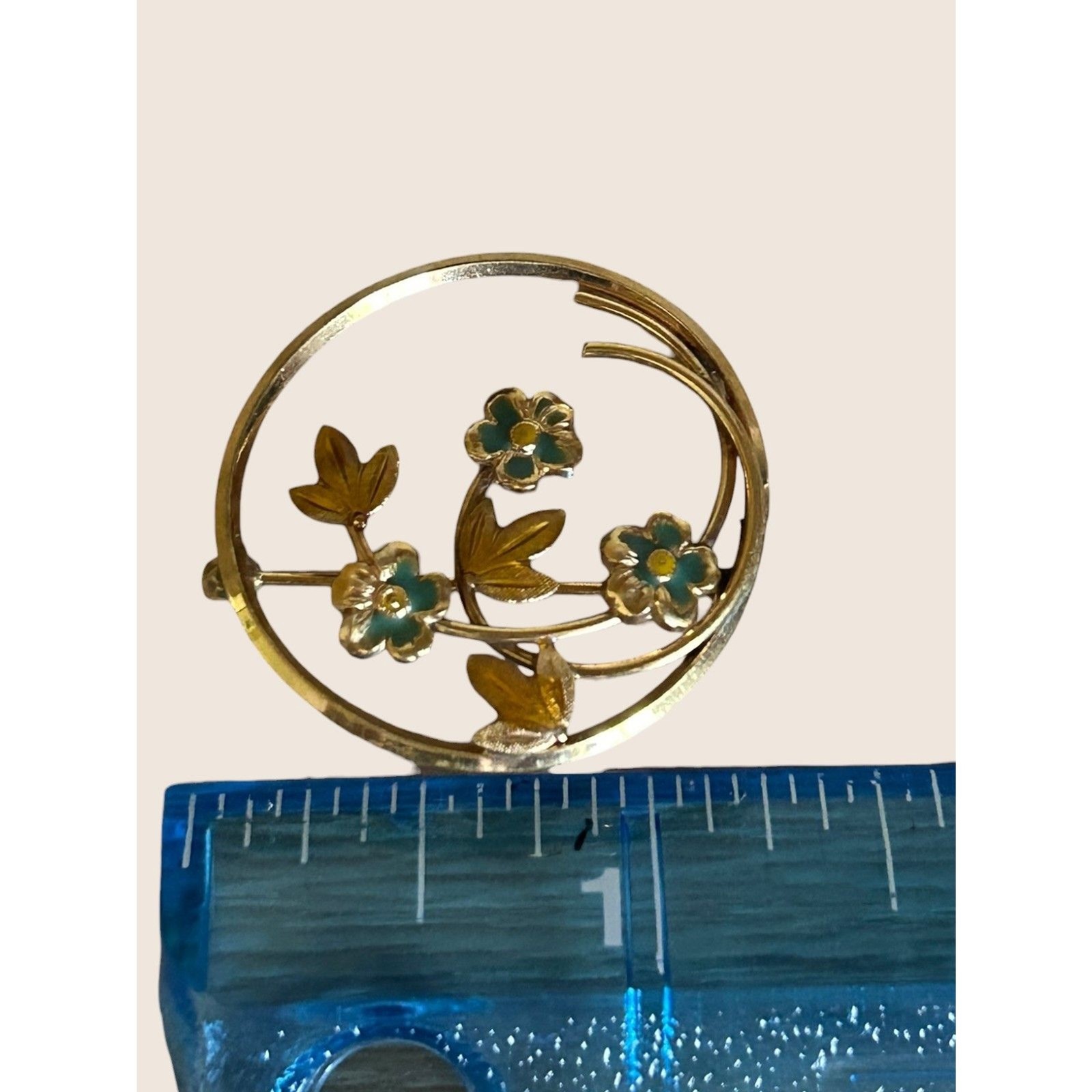 💐 VTG VAN DELL VD 12K GF CIRCLE BROOCH PIN FLOWER FLORAL ENAMEL RETRO DELICATE
