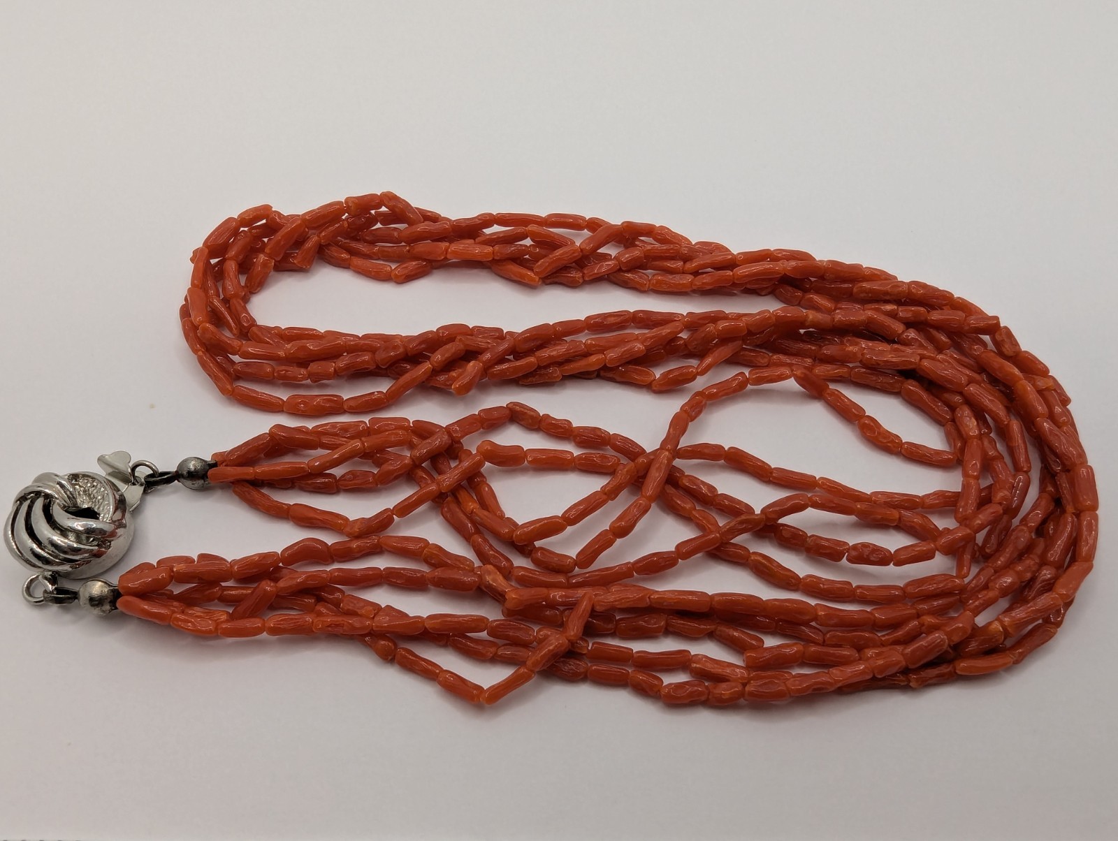 Coral Necklace 5 Strand Vintage Undyed Natural Red Coral Small Tube Beads 16.2gm