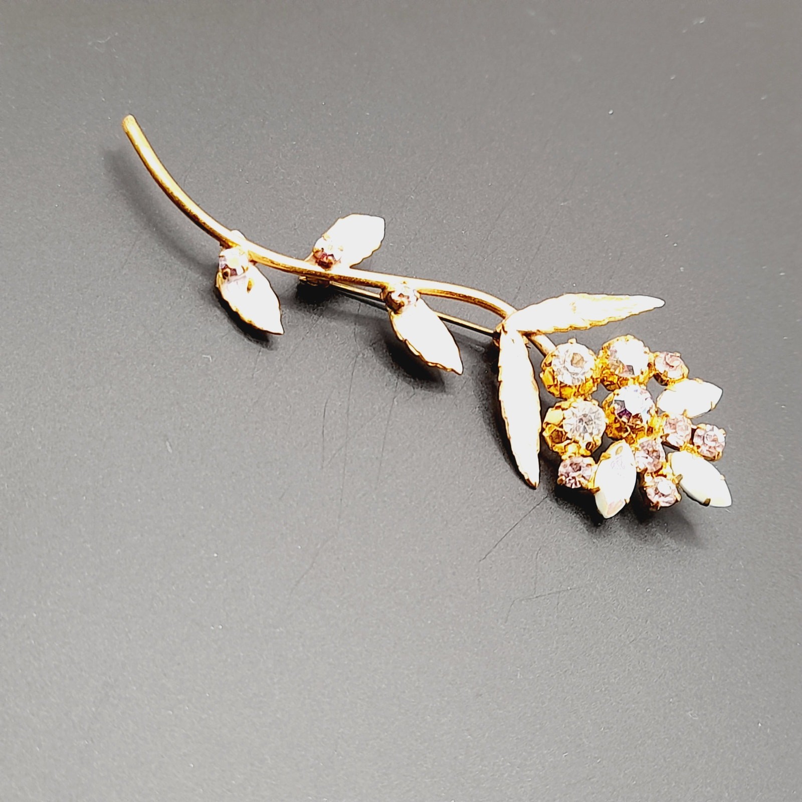 Vintage Gold Tone Floral Brooch AB Rhinestones White Enamel Leaves