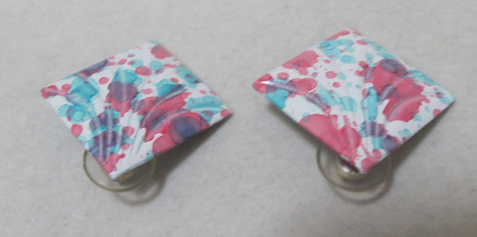 Fun! Vintage Pink Purple Aqua White Splatter Enamel Diamond-Shape Post Earrings
