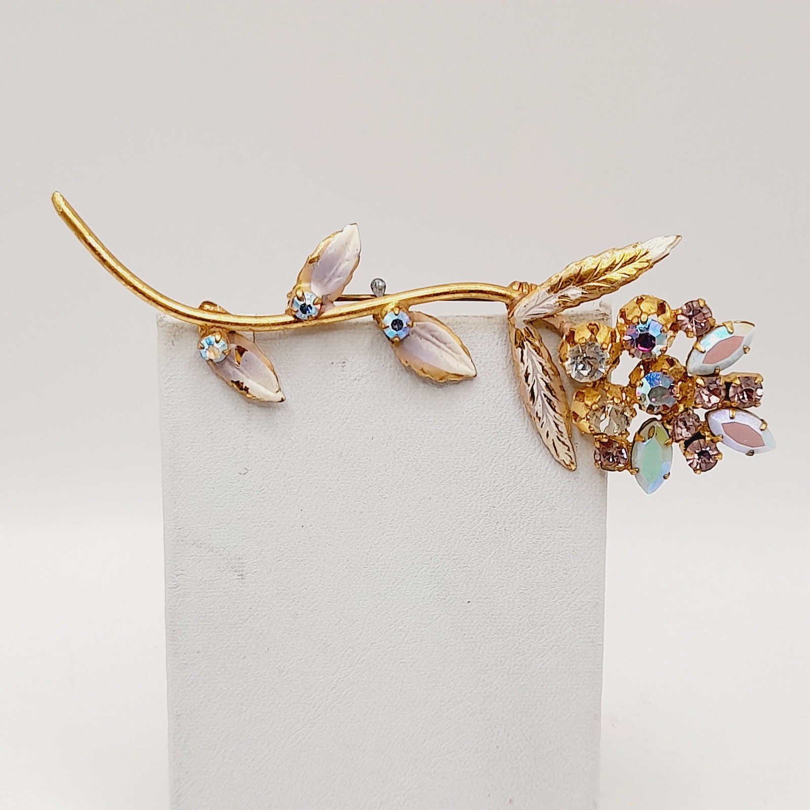 Vintage Gold Tone Floral Brooch AB Rhinestones White Enamel Leaves