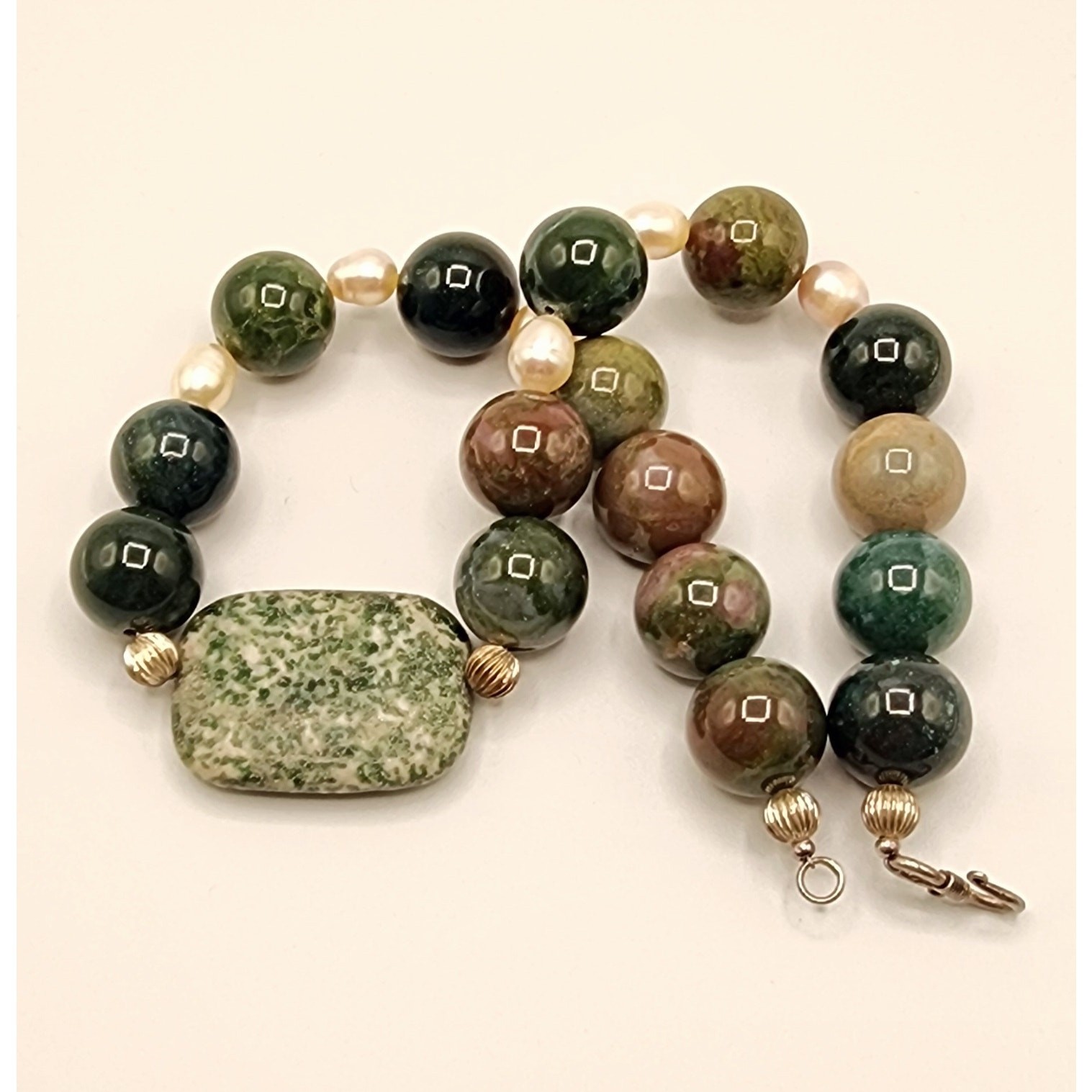 Vintage Artisan Agate & Pearl Necklace w/ Green Spot Jasper and Sterling Clasp