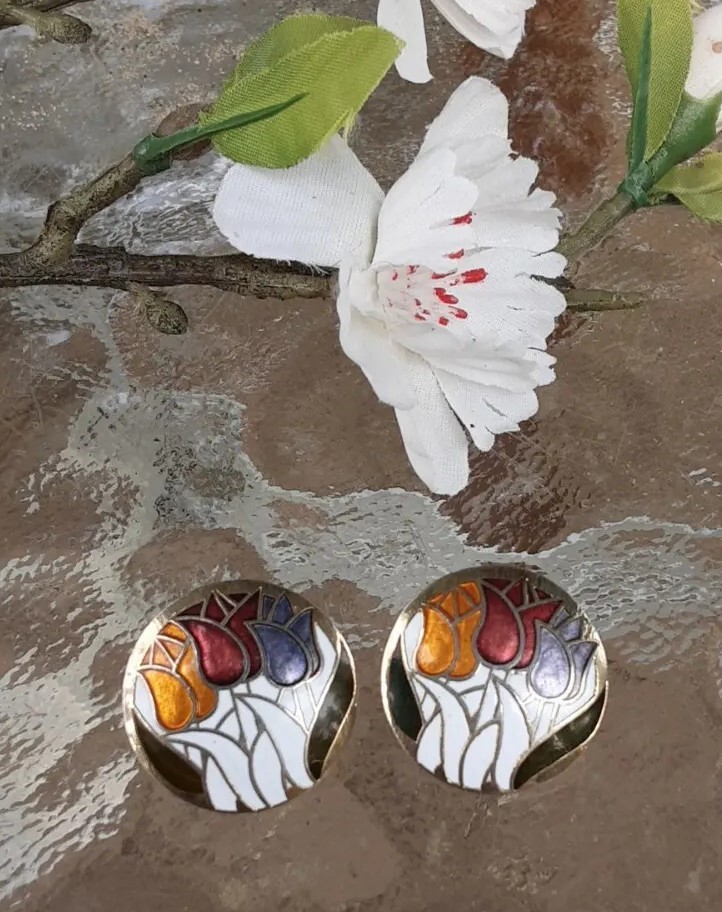 Earring Goldtone Orange Red Green Purple White Cloisonne Tulips Flower Pierce