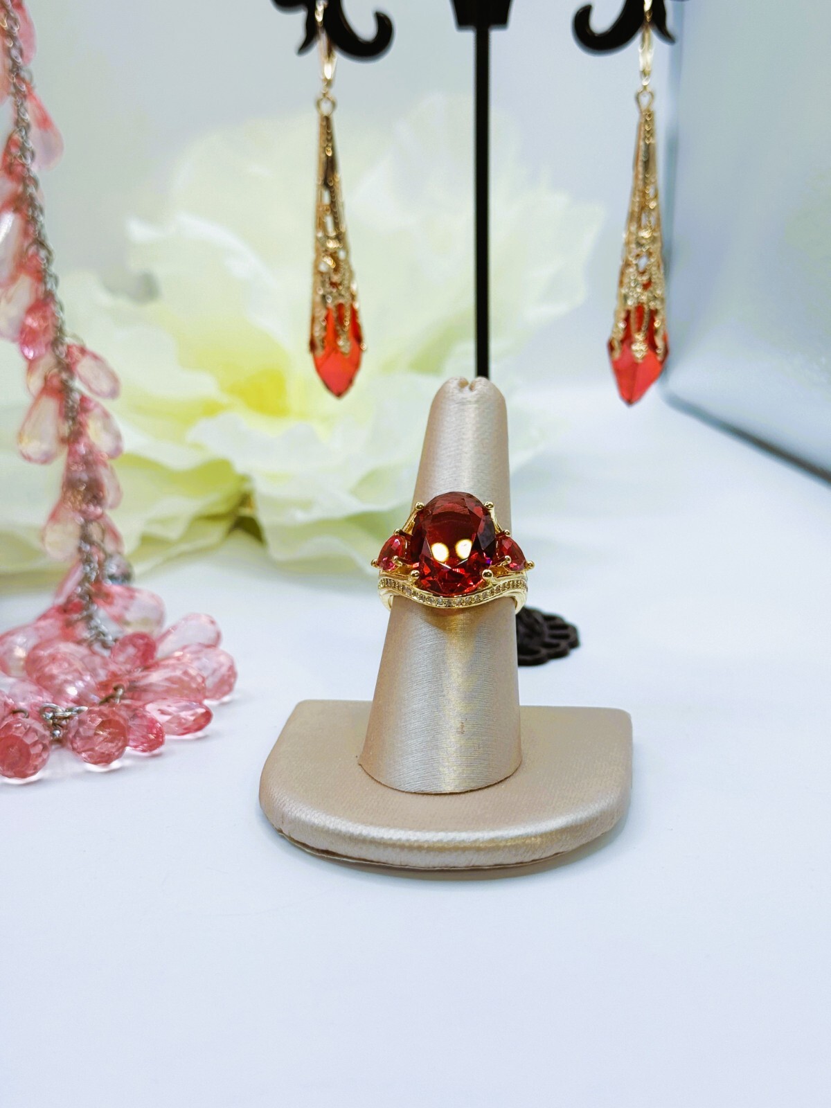 Beautiful Pink Lot 42″ & 20″ Crystal Necklaces Stunning Earrings + Gorgeous Ring