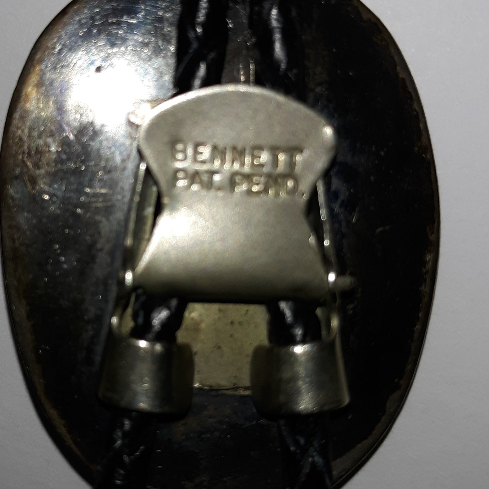 Vtg Bennett Pat Pend Bolo Tie Slide Turquoise Silver Black Leather Cord L 18″