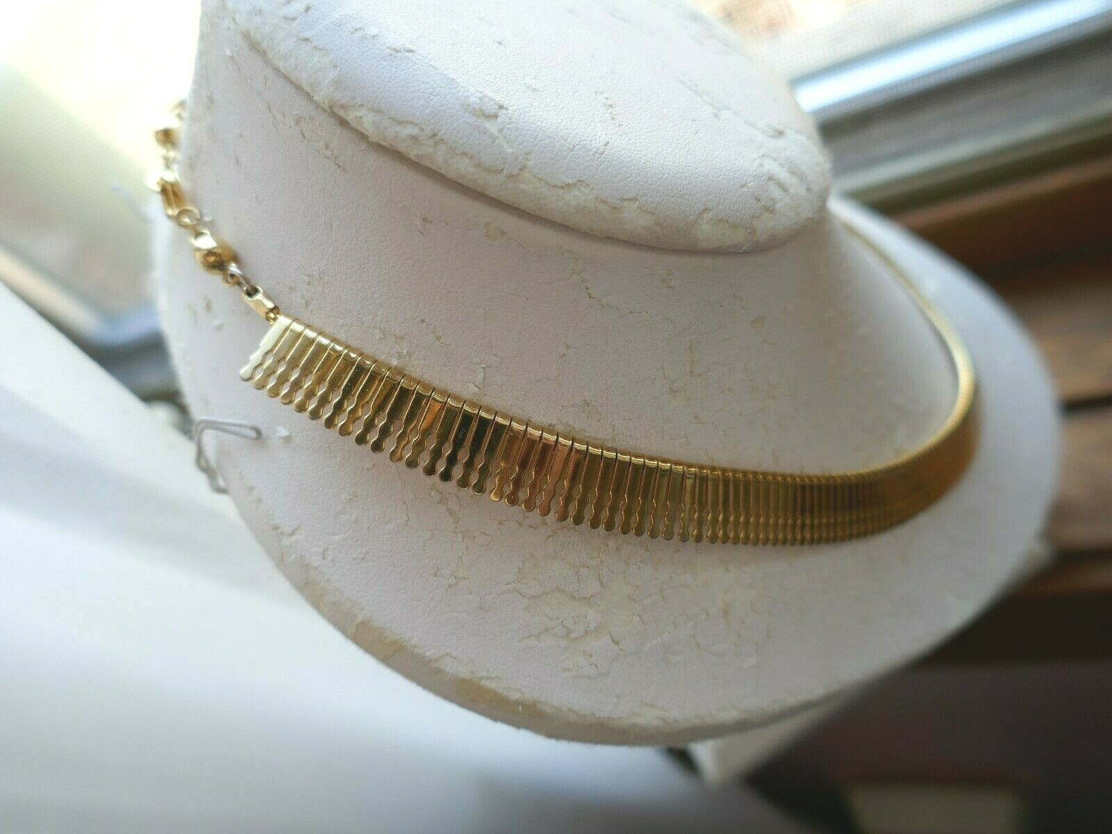 Vintage Gold Tone 10mm Wide Grecian Style 17.5″ Necklace w Spring Ring Clasp