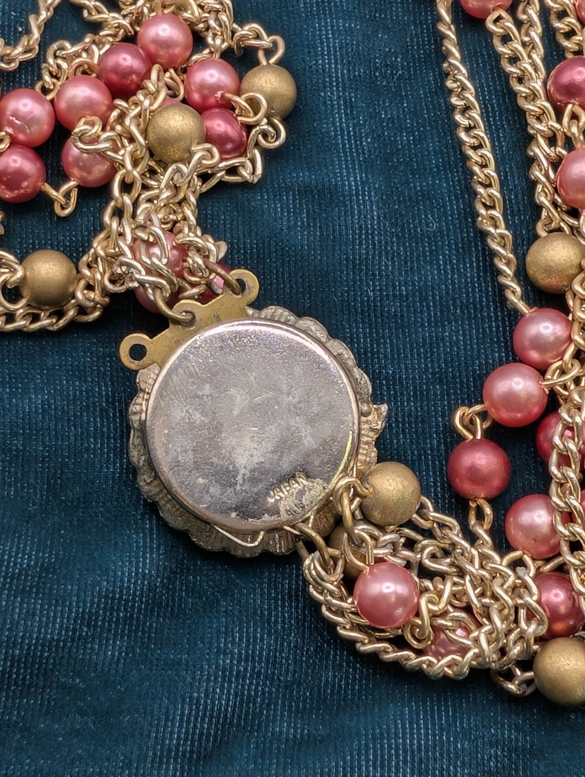 Made in Japan Vintage Jewelry Set Pink & Pearl & Gold Necklace & Earrings