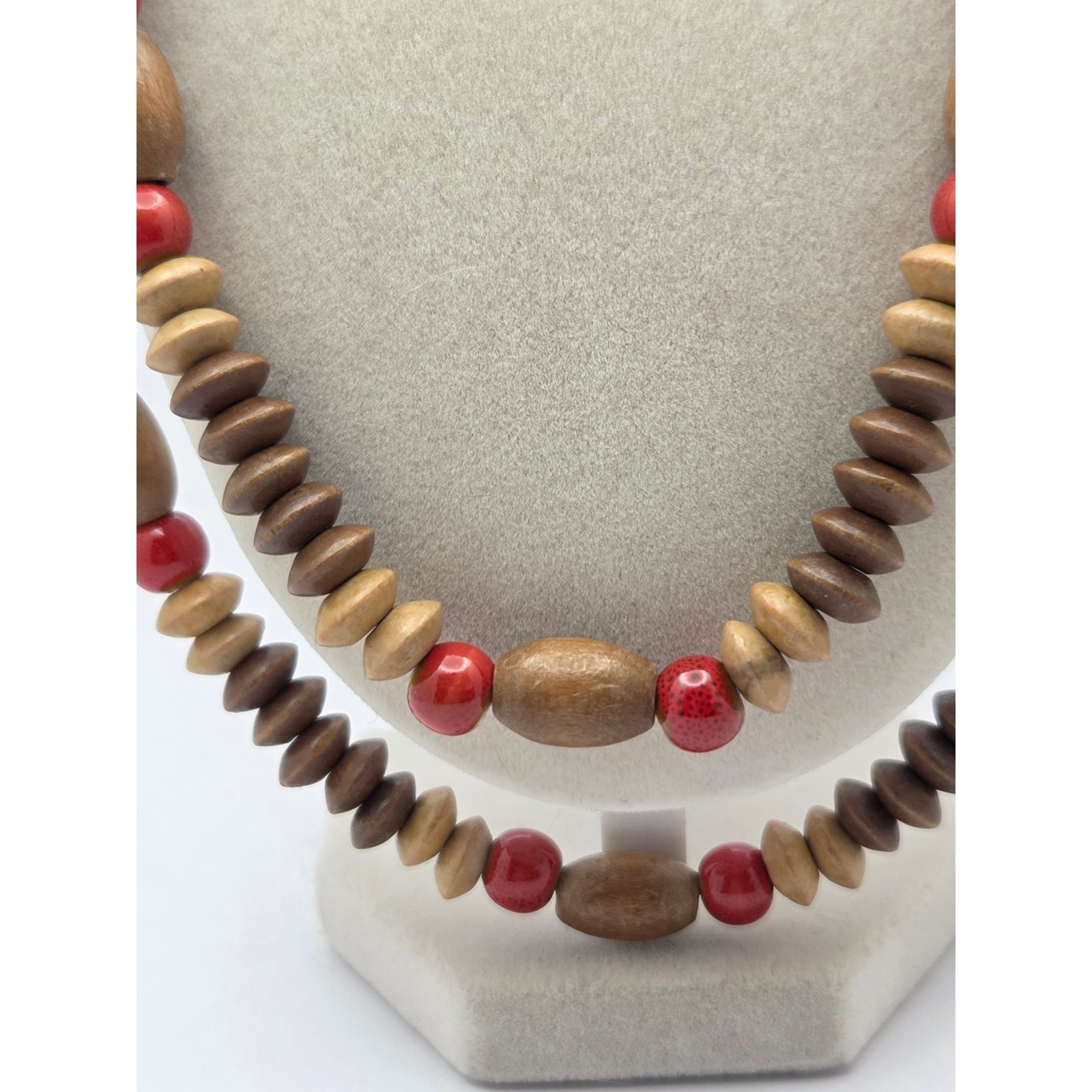 Vintage Multi-Strand Wood & Ceramic Bead Statement Necklace – 20” Boho