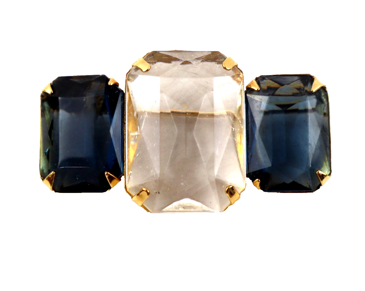 Vintage Brooch pin AVON blue & clear faceted glass rhinestones 1980s emerald cut