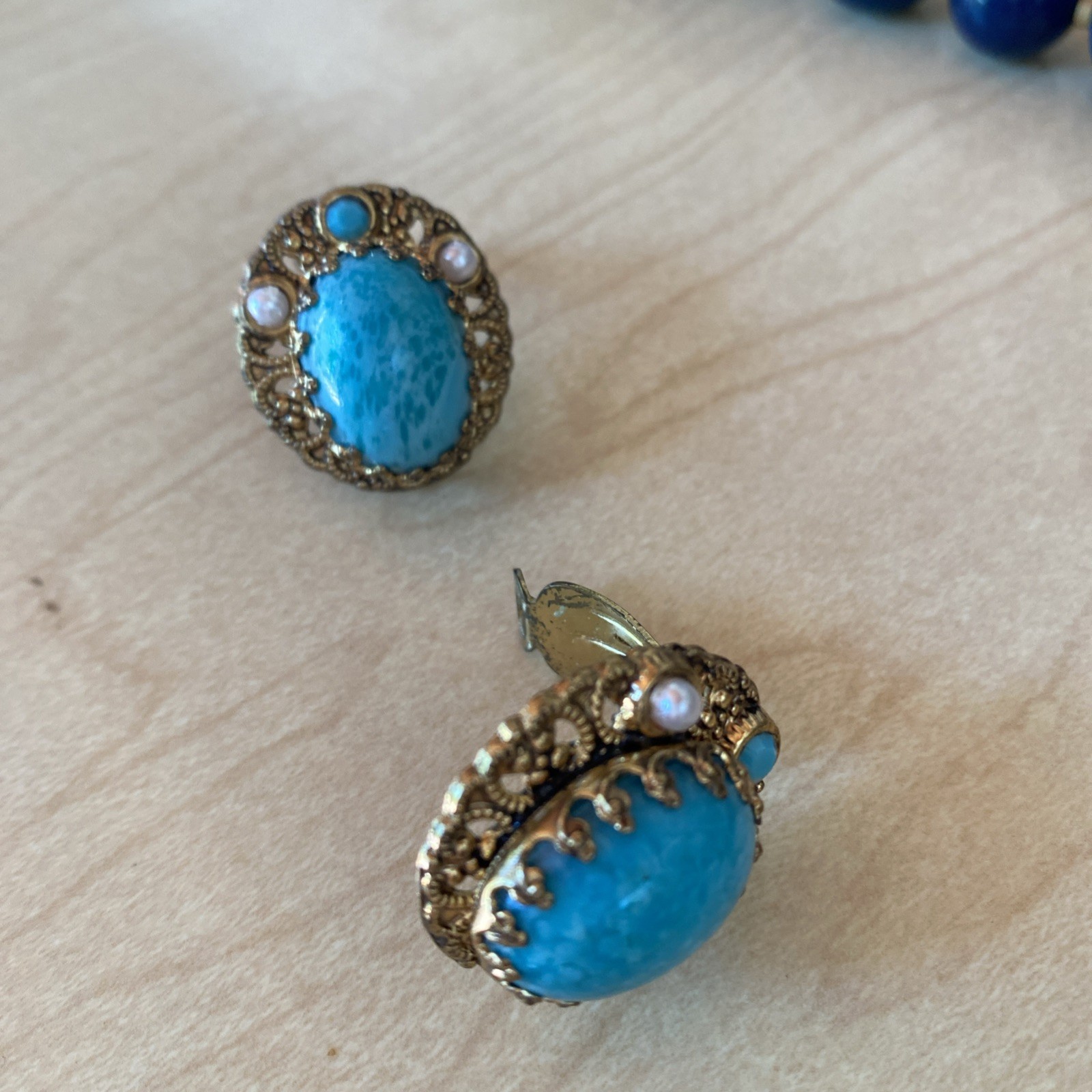 Vintage W. Germany Faux Turquoise Cabochon Filligree Brooch Pin & Clip Earrings