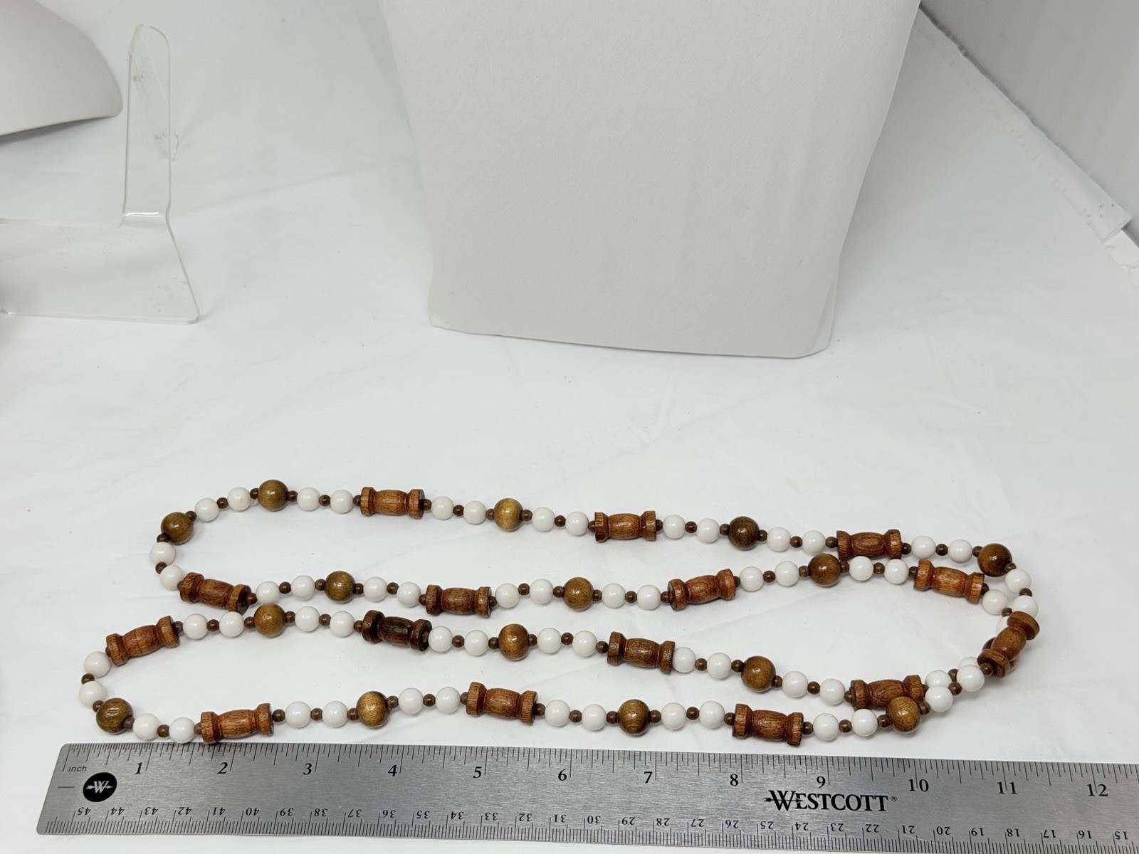 Vintage Carved Wood and White Lucite Bead 48″ Necklace