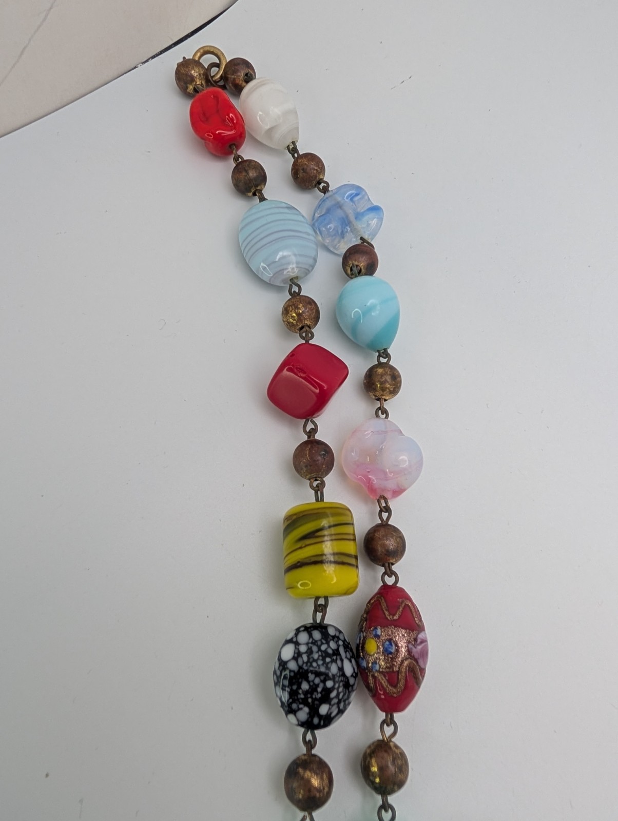 VTG Colorful Glass Metal & PlasticBead Necklace Painted Bronze Swirls Long
