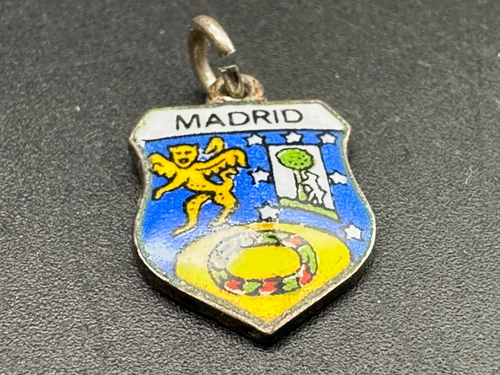 VINTAGE ENAMEL MADRID SPAIN SHIELD CHARM ESPANA COAT OF ARMS Marked 800 1cm