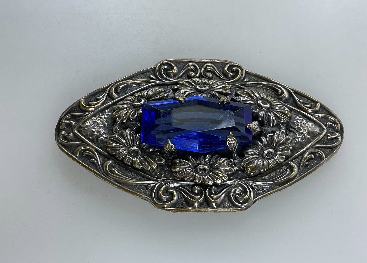 Art Nouveau Deco Lozenge Shape Blue Czech Glass Silvertone Filigree Brooch