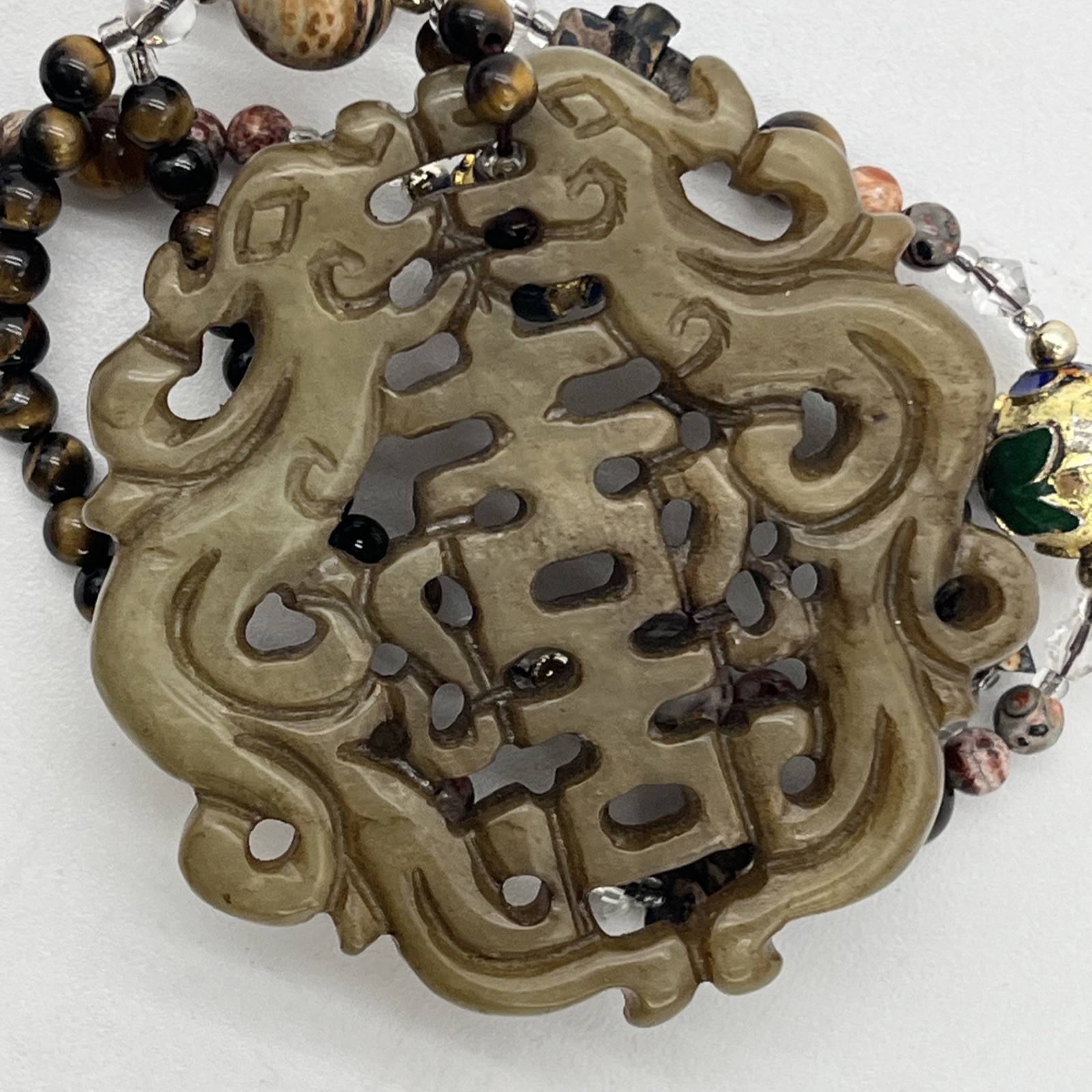 Chinese Carved Stone Pendant With Cloisonné Jasper Tiger Eye Beads Necklace 30”