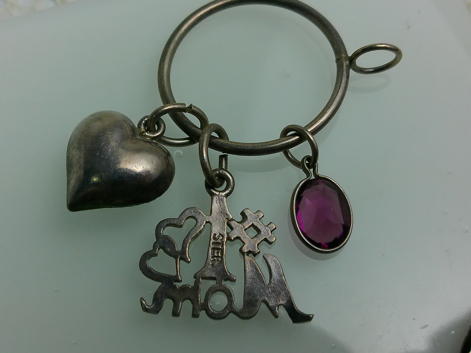 Vtg Sterling Silver #1 Mom Puff Heart Pink Glass Stone Charms Round Holder Lot