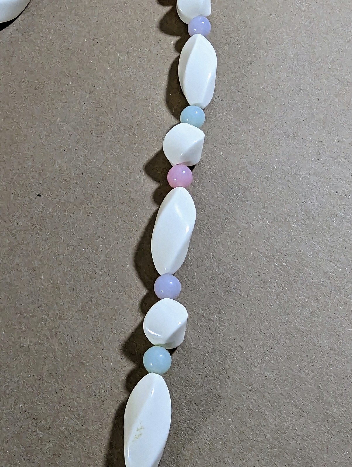 Vintage Twisted Off White & Pastel Pink Green Purple Beaded Necklace 28″ + White