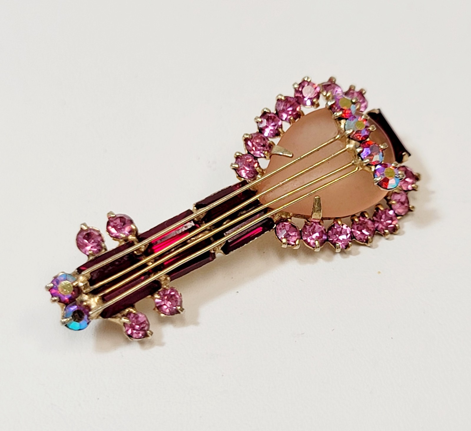 Vintage Estate High End Red Pink AB Rhinestone Lute Guitar Brooch