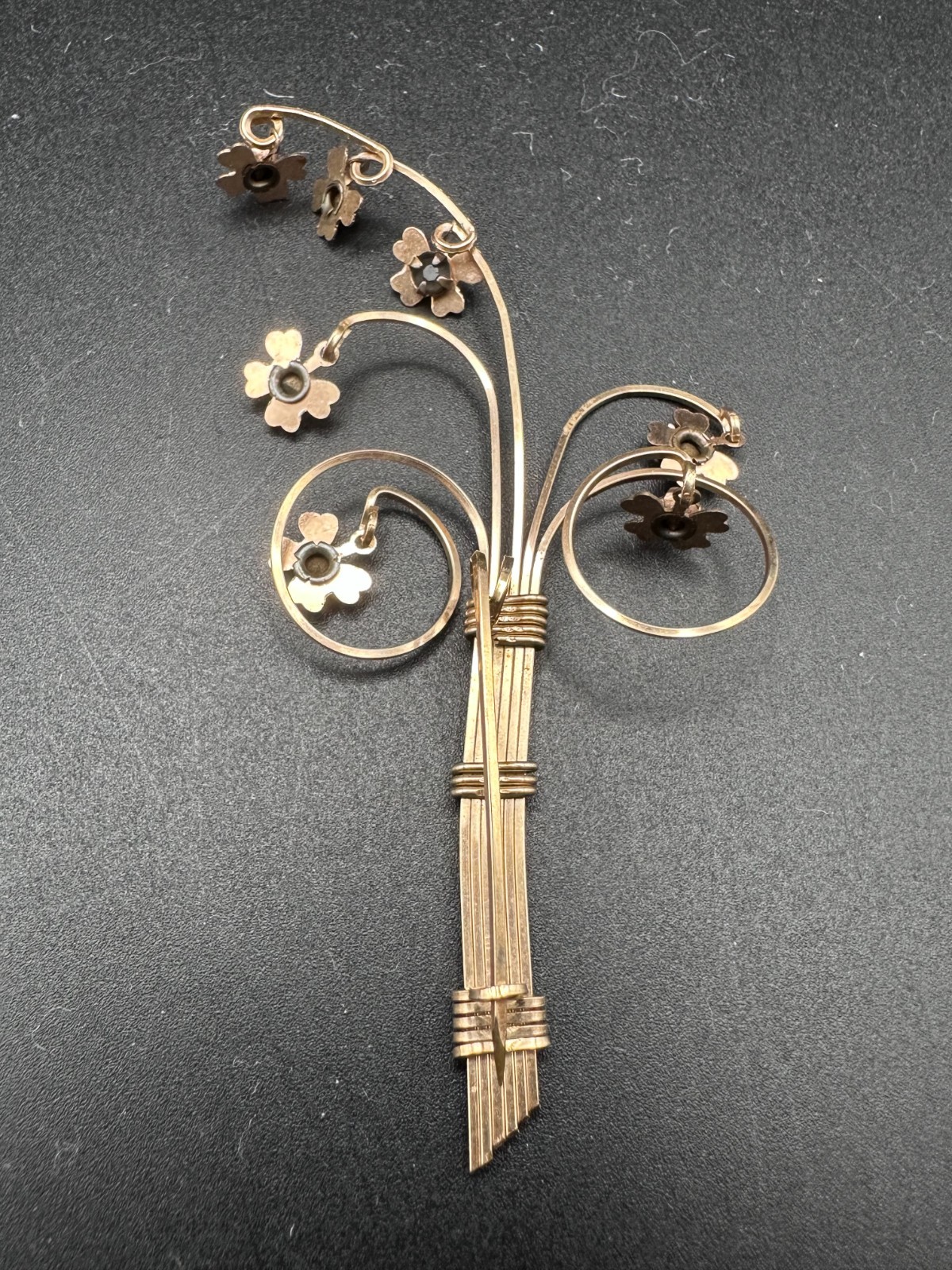 Vintage Gold‑Tone Floral Bouquet Brooch • Wirework Stems & Stone Centers