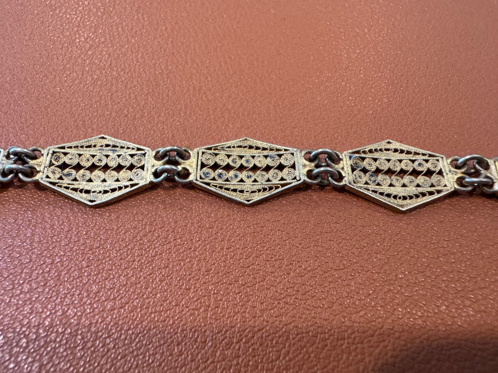 Vtg Antique 800 Silver Filigree Design Blue Enamel Bracelet w/ Gold Wash