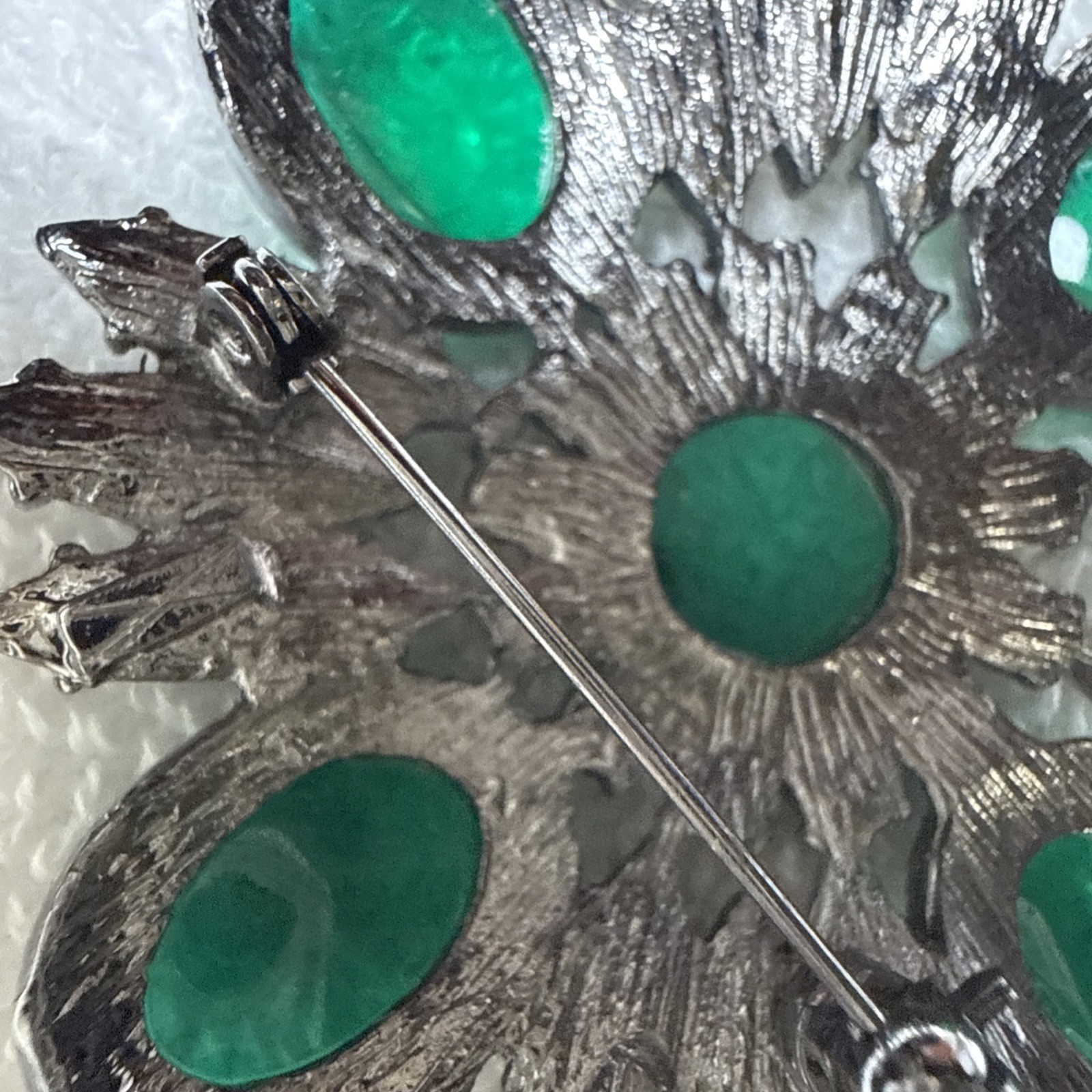 Vintage Emerald And Lime Green Floral Art Brooch With Silver Tone Back
