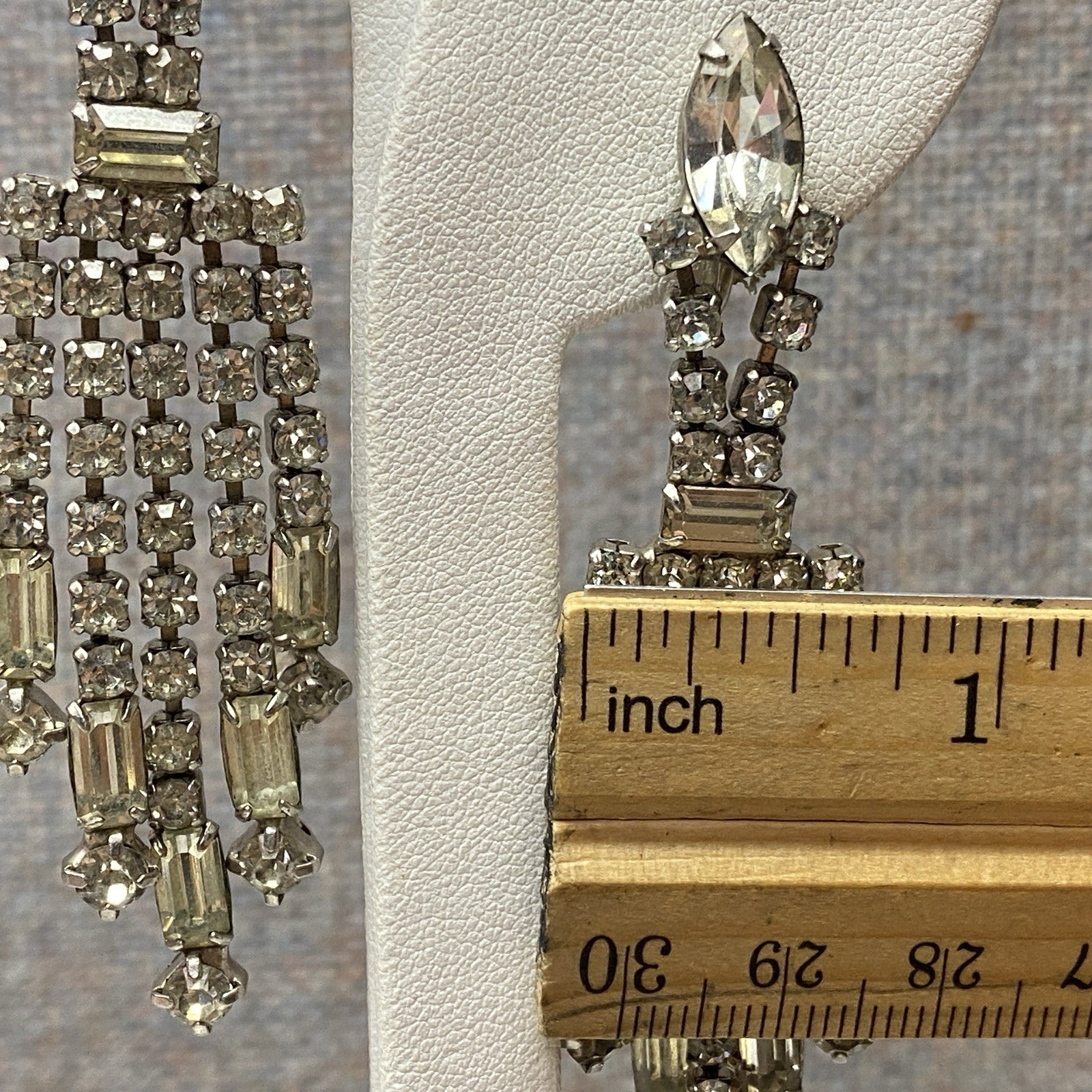 Vintage Rhinestone Clip On Earrings 3″ Drop 5 Strands Screw Back Old Money