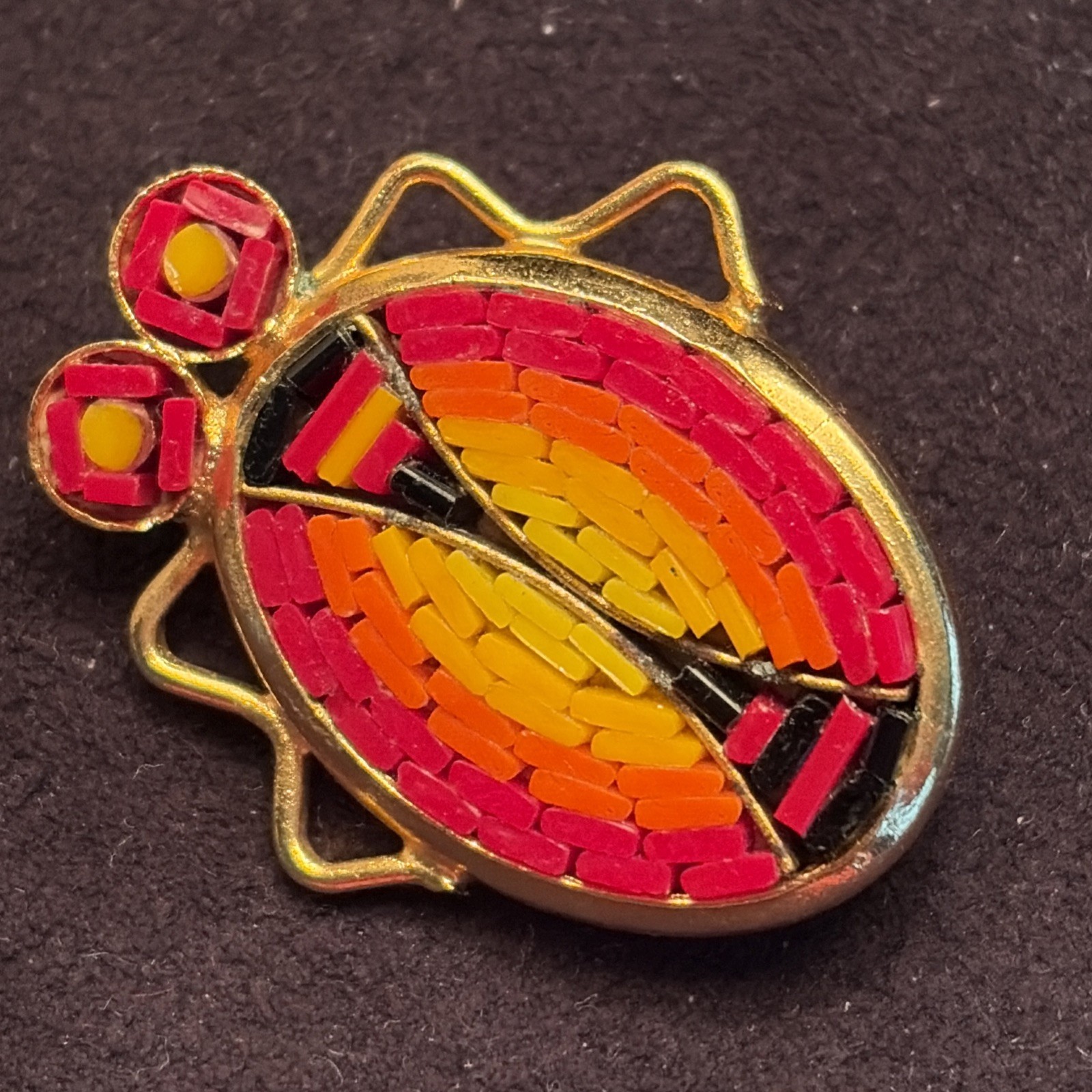 VTG Micro Mosaic Pin Brooch ~ ITALY Gold Tone ~ Bug Insect Ladybug Beetle Scarab
